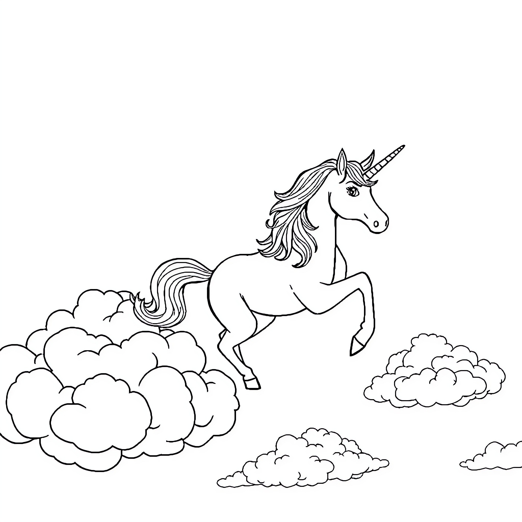 Unicorn soaring through the clouds with grace Coloring Page (free black-and-white line drawing printable PDF for all, from beginners to advanced learners, including children, teens, adults, and seniors)