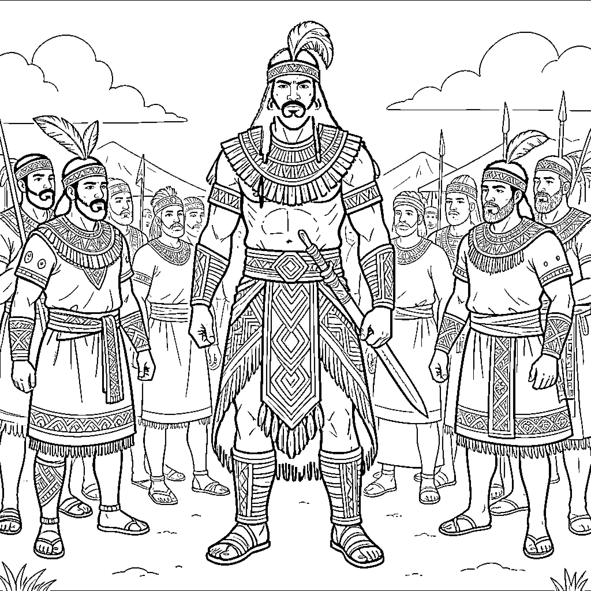 Chaka Zulu leading a group of fierce warriors Coloring Page (free black-and-white line drawing printable PDF for all, from beginners to advanced learners, including children, teens, adults, and seniors)