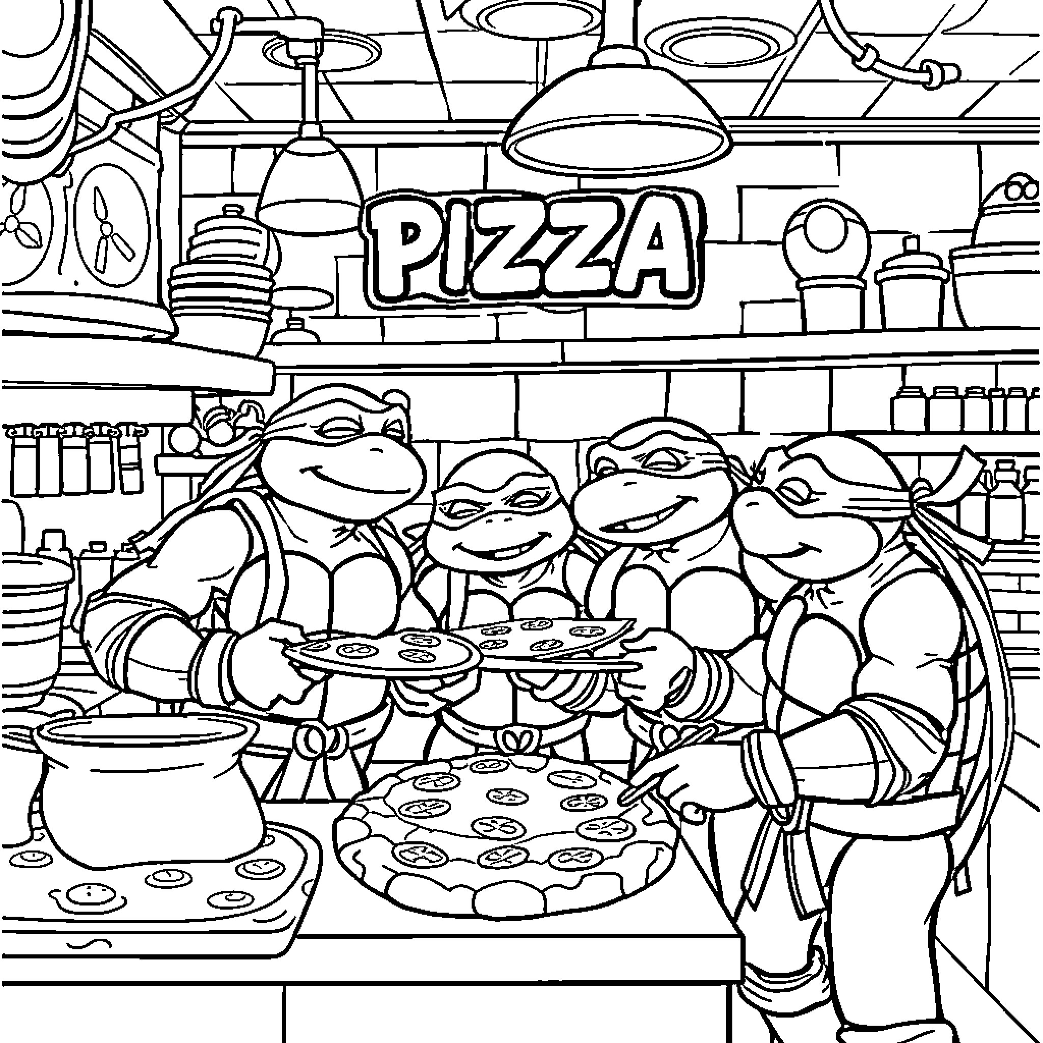 Teenage Mutant Ninja Turtles making pizza in the kitchen Coloring Page (free black-and-white line drawing printable PDF for all, from beginners to advanced learners, including children, teens, adults, and seniors)
