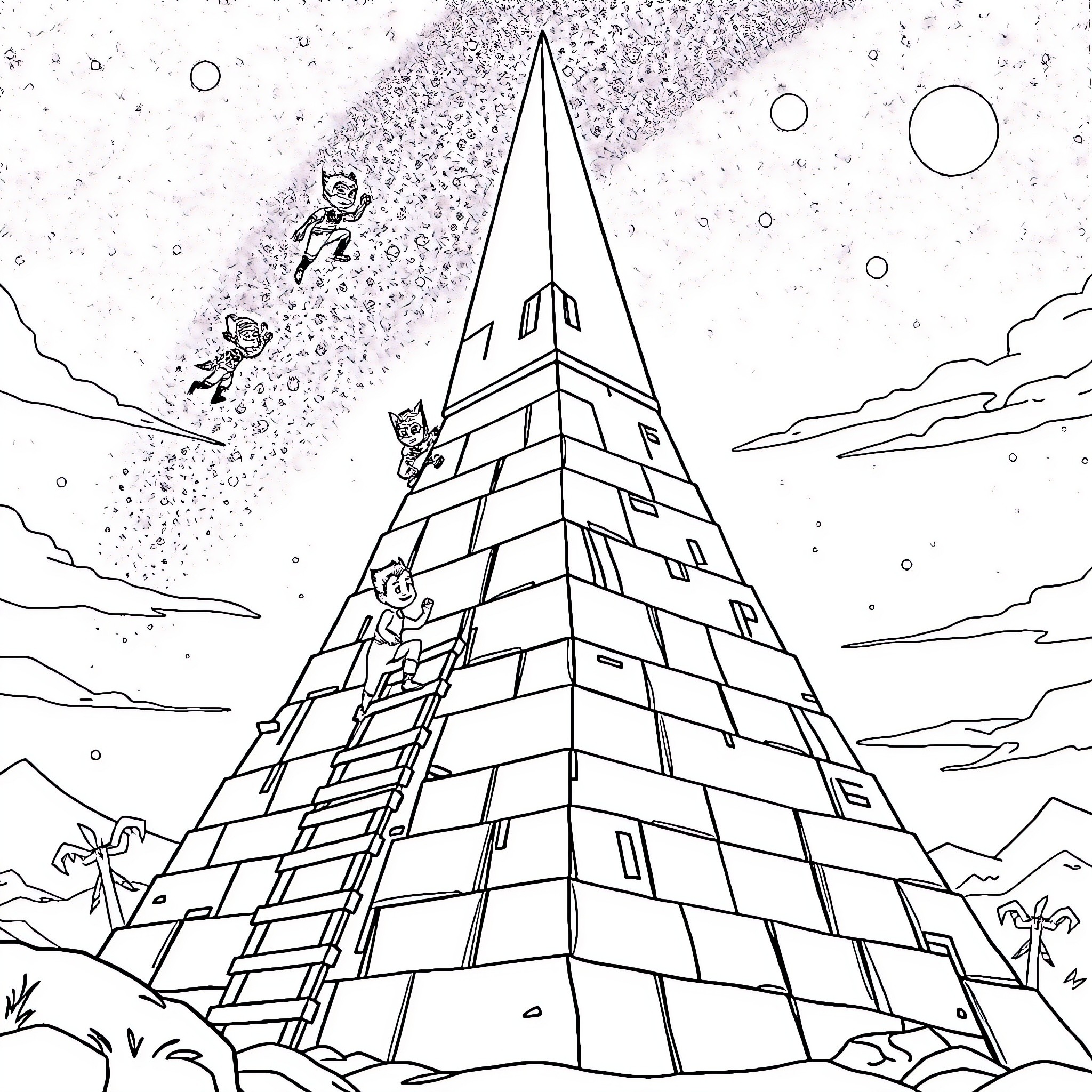 Ninjalino Ninjas Scaling Towering Pyramid Coloring Page (free black-and-white line drawing printable PDF for all, from beginners to advanced learners, including children, teens, adults, and seniors)
