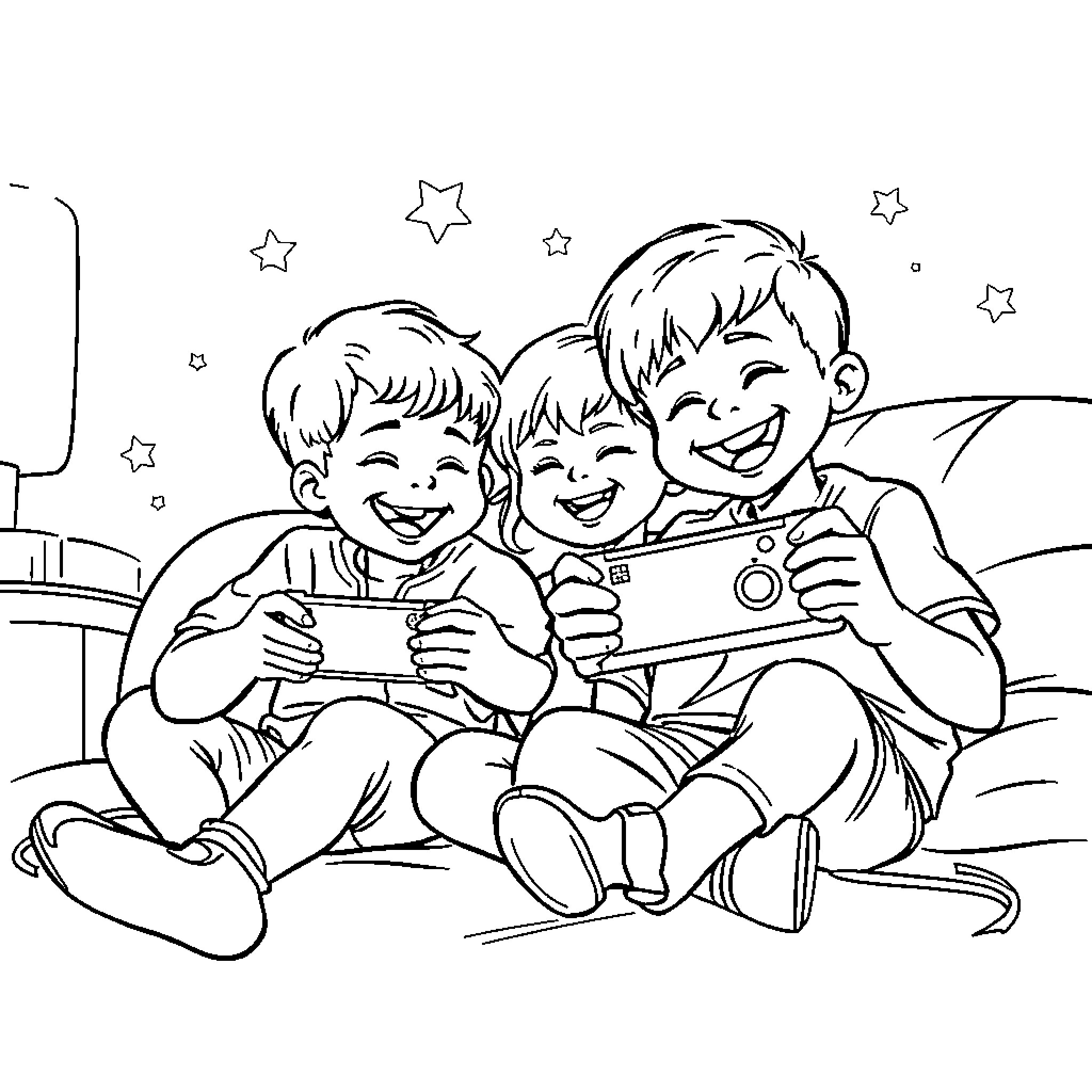 Kid enjoying games with friends at night Coloring Page (free black-and-white line drawing printable PDF for all, from beginners to advanced learners, including children, teens, adults, and seniors)