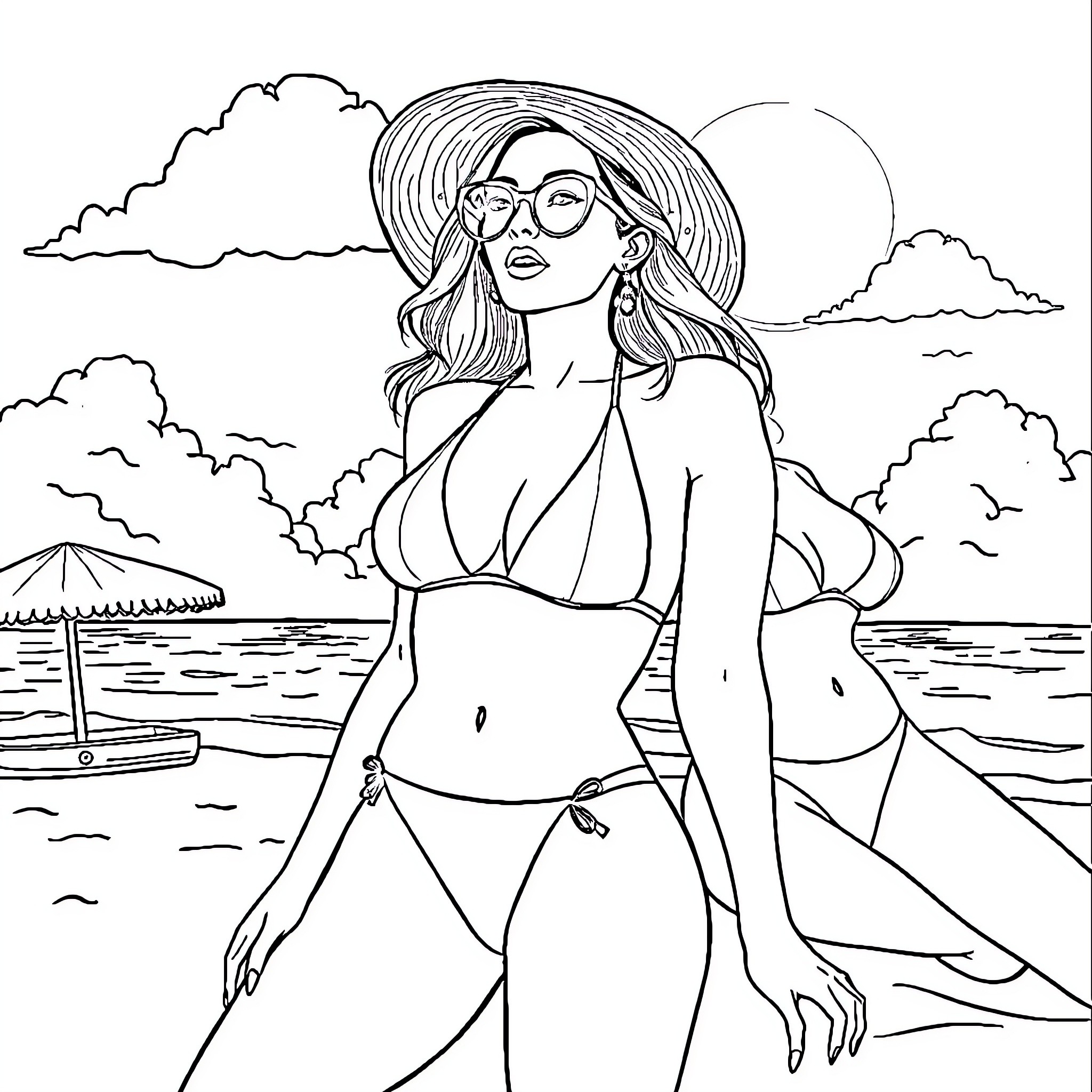 Lali Esposito enjoying the beach scenery Coloring Page (free black-and-white line drawing printable PDF for all, from beginners to advanced learners, including children, teens, adults, and seniors)