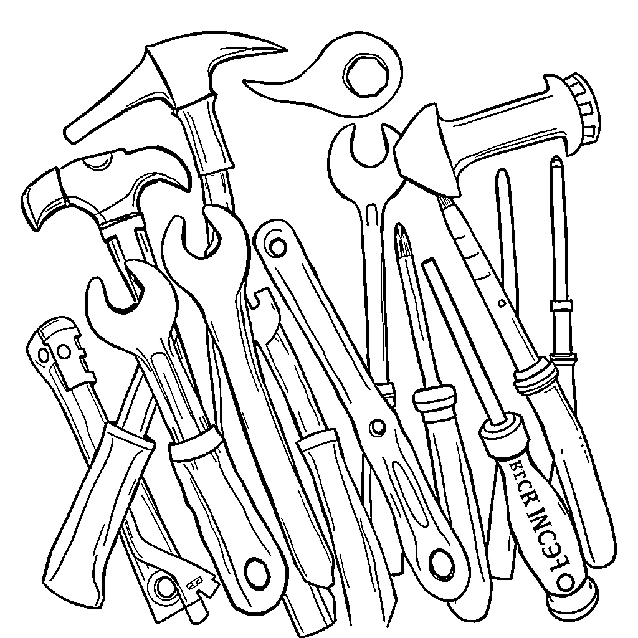 Tool assortment of various hardware equipment Coloring Page (free black-and-white line drawing printable PDF for all, from beginners to advanced learners, including children, teens, adults, and seniors)