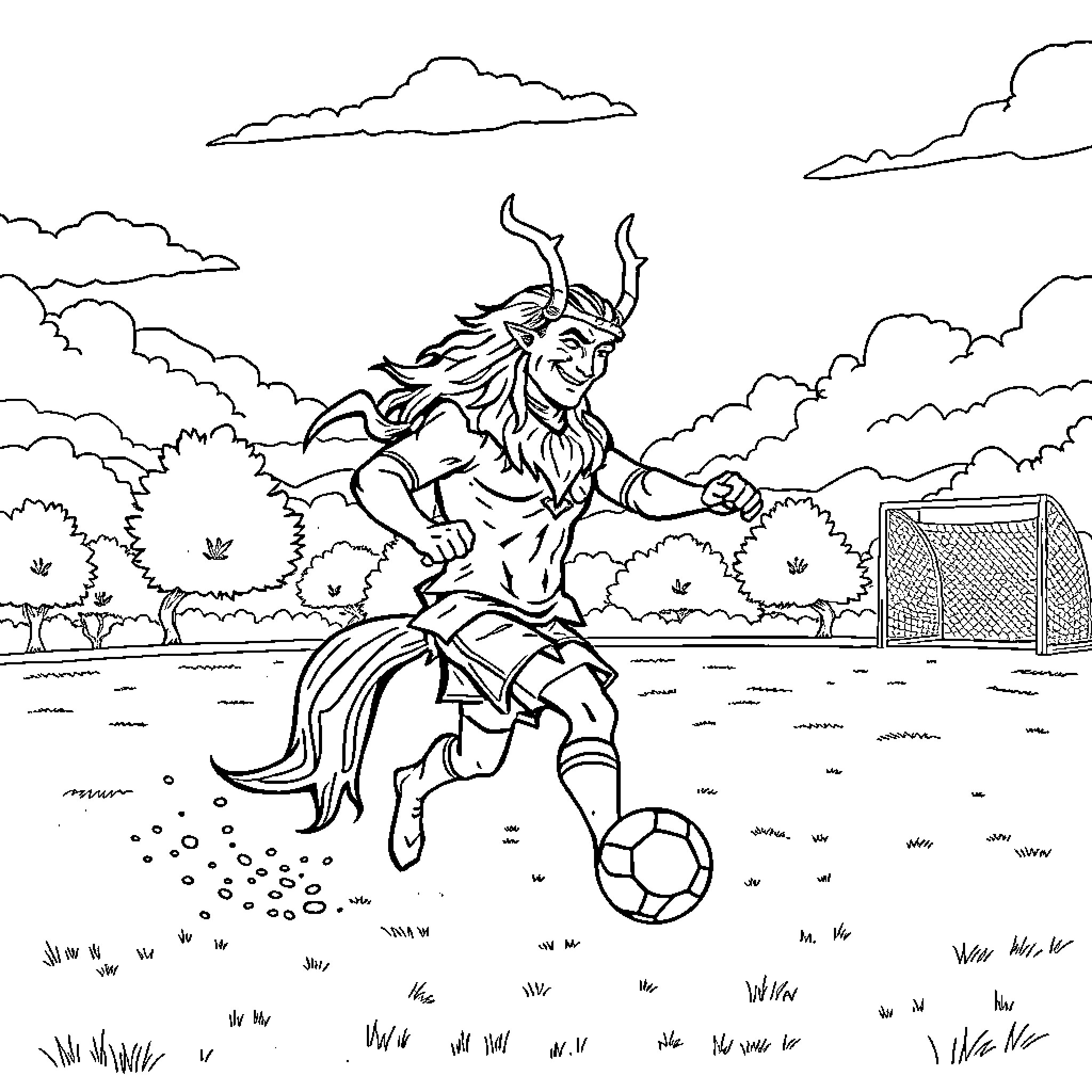 Pitufo playing football excitedly on the field Coloring Page (free black-and-white line drawing printable PDF for all, from beginners to advanced learners, including children, teens, adults, and seniors)