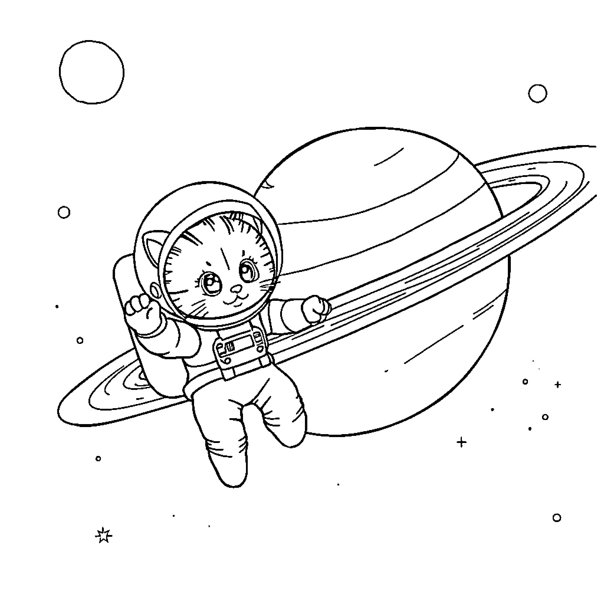Kitten astronaut exploring the cosmos Coloring Page (free black-and-white line drawing printable PDF for all, from beginners to advanced learners, including children, teens, adults, and seniors)