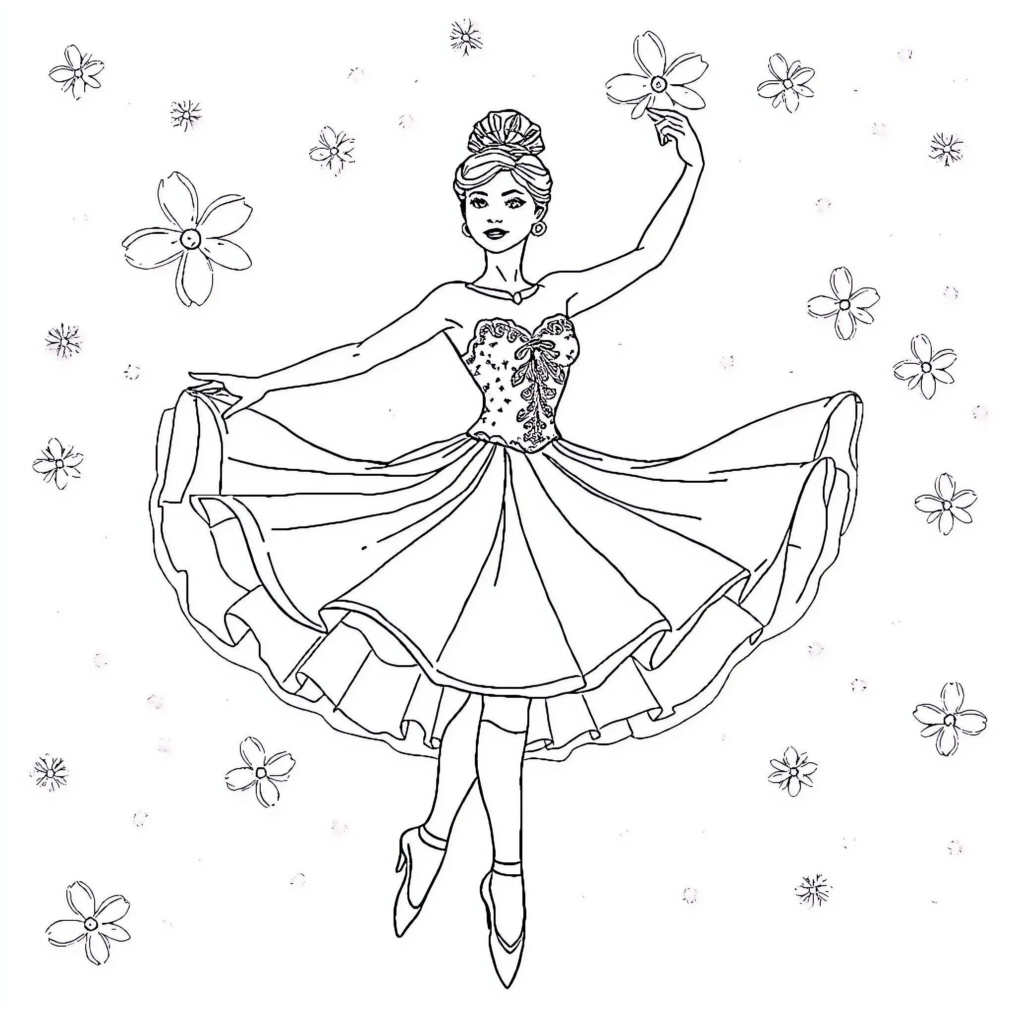 Danseuse performing graceful ballet dance amidst flowers Coloring Page (free black-and-white line drawing printable PDF for all, from beginners to advanced learners, including children, teens, adults, and seniors)