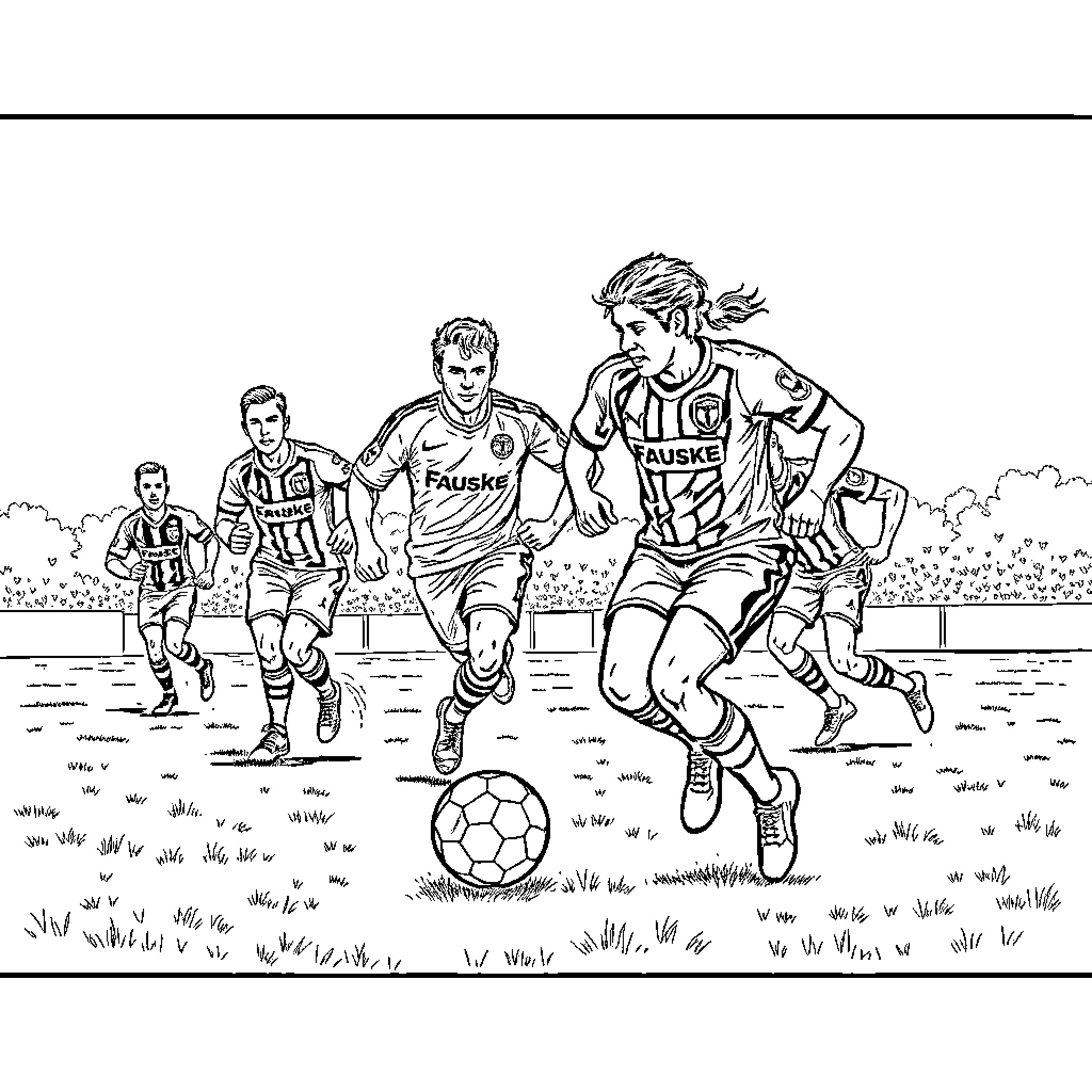 Football players in action on the field Coloring Page (free black-and-white line drawing printable PDF for all, from beginners to advanced learners, including children, teens, adults, and seniors)