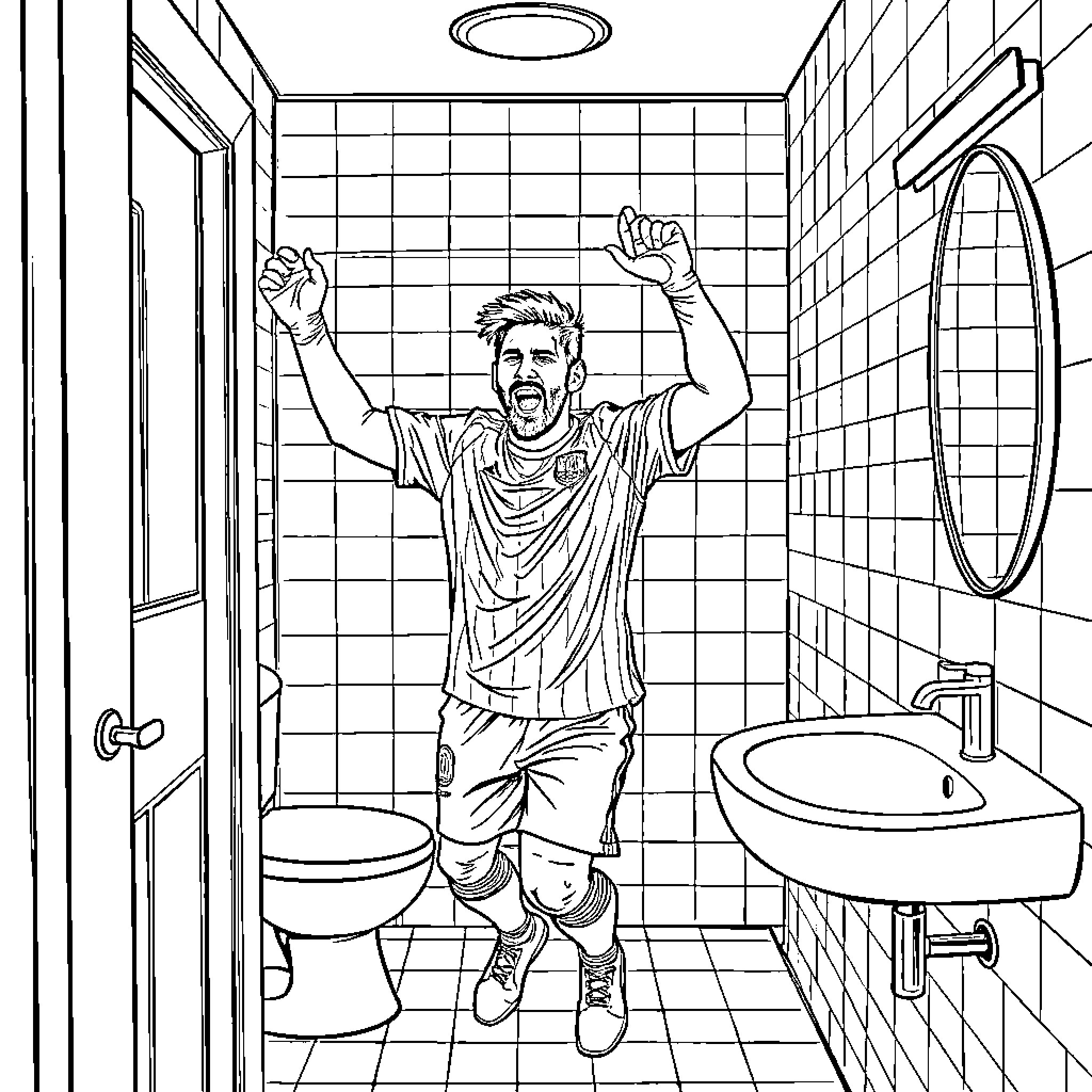 Leo Messi Celebrates Goal in Bathroom Coloring Page (free black-and-white line drawing printable PDF for all, from beginners to advanced learners, including children, teens, adults, and seniors)