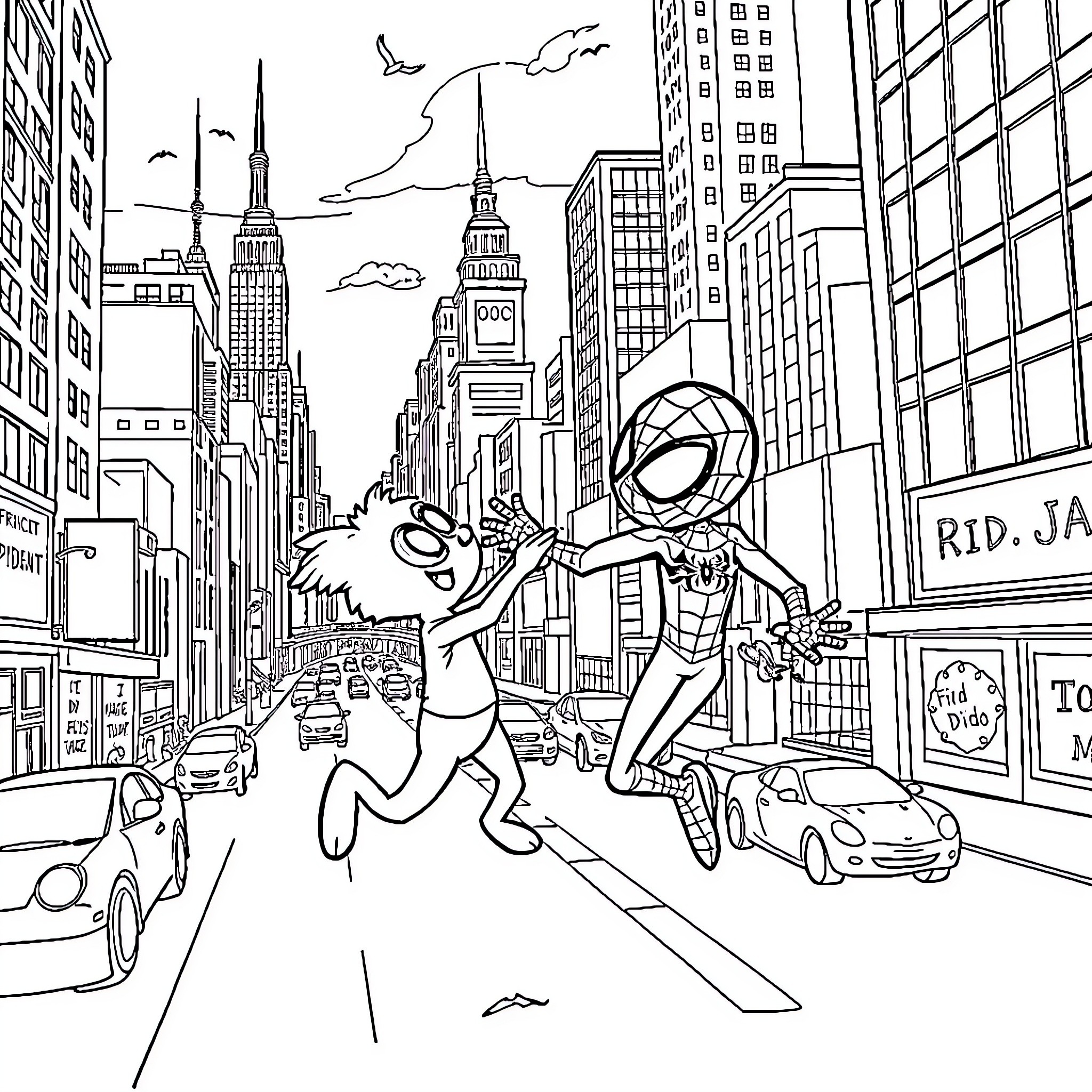 Fido Dido explores vibrant city streets with Spiderman Coloring Page (free black-and-white line drawing printable PDF for all, from beginners to advanced learners, including children, teens, adults, and seniors)