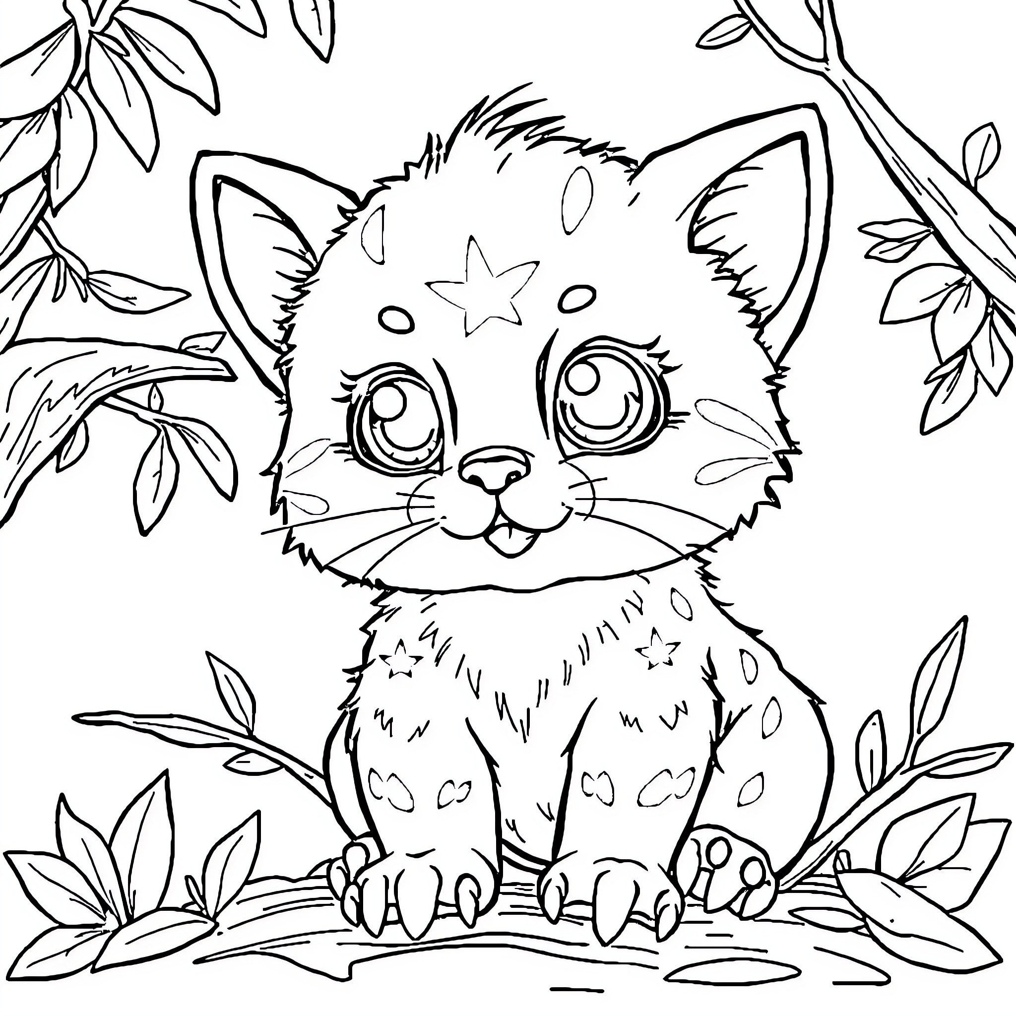 Animal sitting in nature with leaves Coloring Page (free black-and-white line drawing printable PDF for all, from beginners to advanced learners, including children, teens, adults, and seniors)