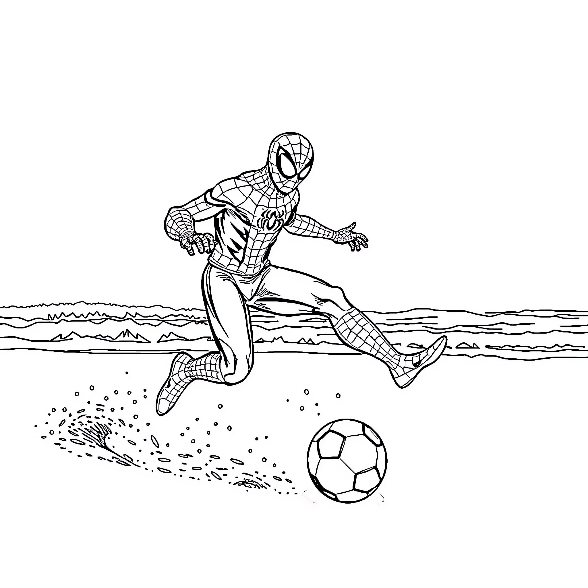Spiderman playing soccer on the beach Coloring Page (free black-and-white line drawing printable PDF for all, from beginners to advanced learners, including children, teens, adults, and seniors)