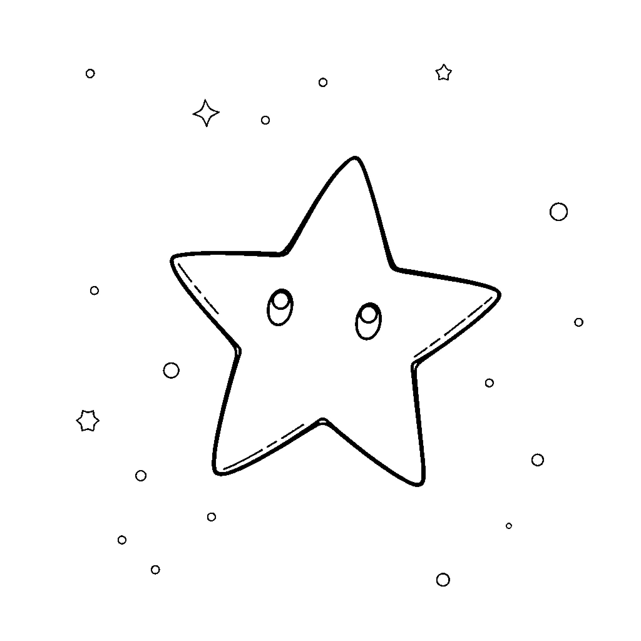 Star shaped character in sketch-like drawing Coloring Page (free black-and-white line drawing printable PDF for all, from beginners to advanced learners, including children, teens, adults, and seniors)