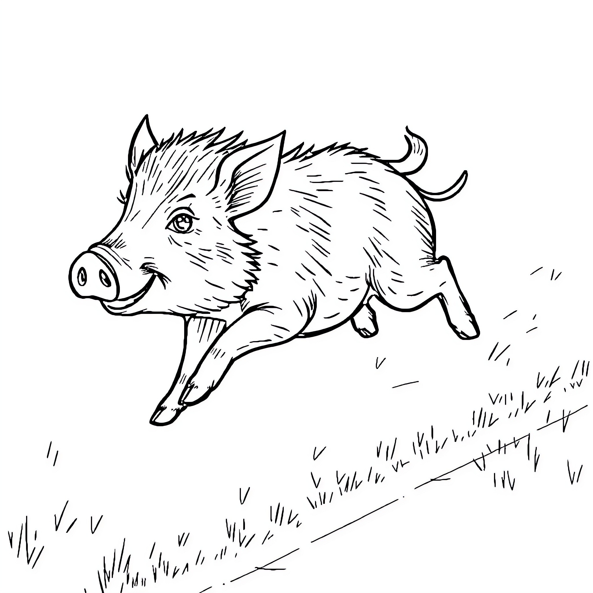 Boar racing across grassy field Coloring Page (free black-and-white line drawing printable PDF for all, from beginners to advanced learners, including children, teens, adults, and seniors)