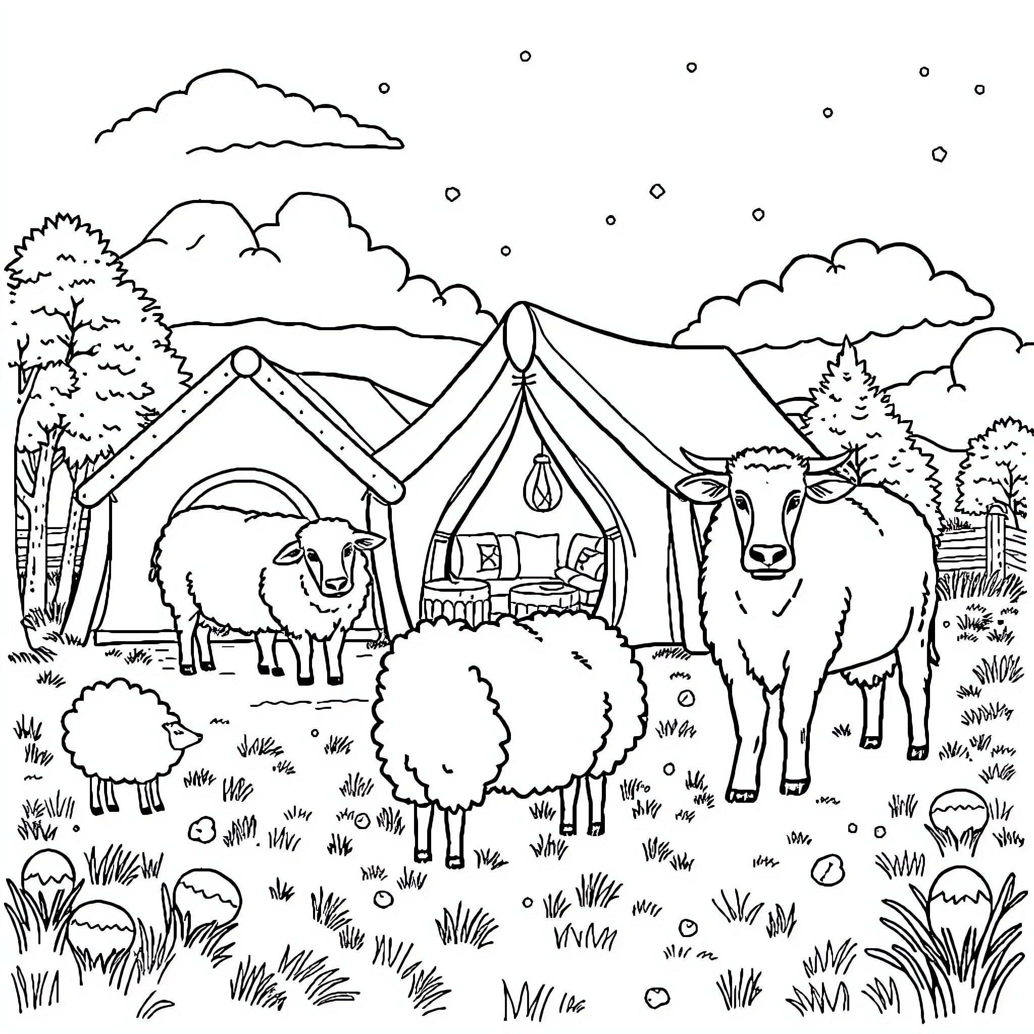 Sheep grazing peacefully in a camping scene Coloring Page (free black-and-white line drawing printable PDF for all, from beginners to advanced learners, including children, teens, adults, and seniors)