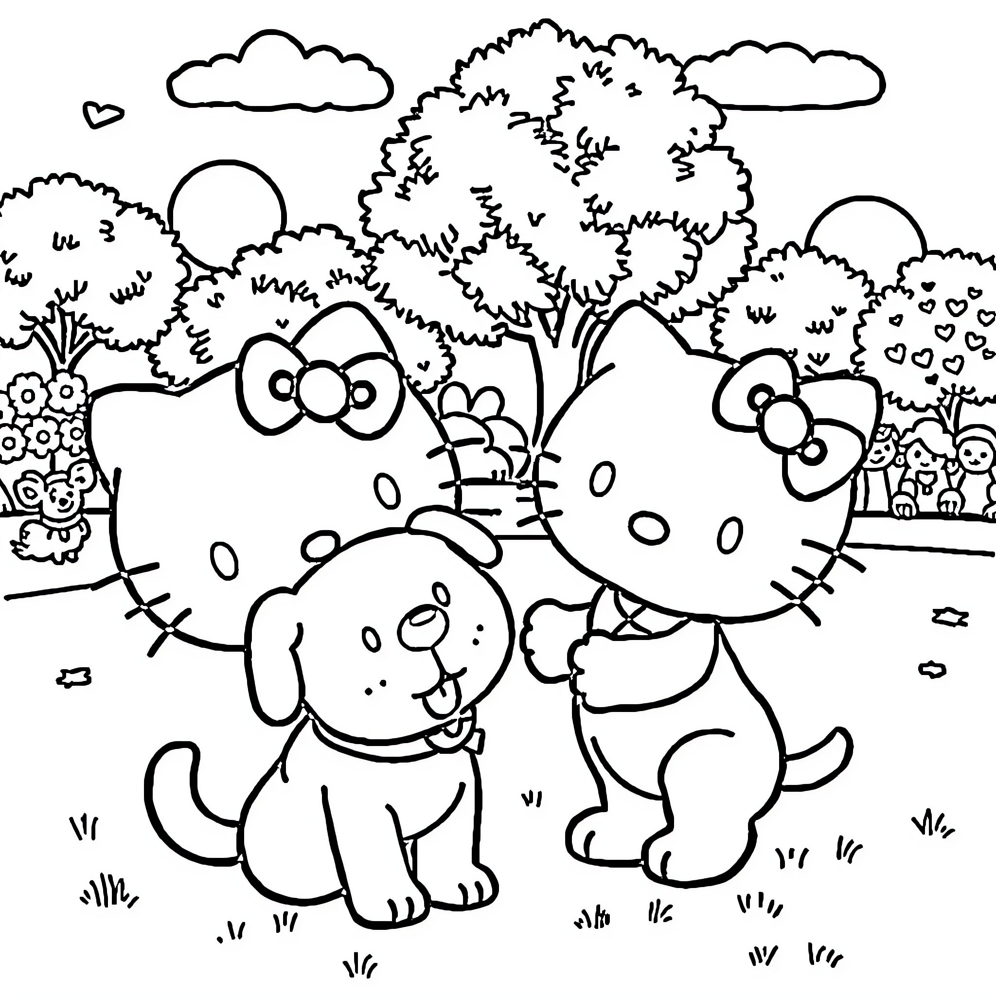Hello Kitty playing with puppy in the park Coloring Page (free black-and-white line drawing printable PDF for all, from beginners to advanced learners, including children, teens, adults, and seniors)