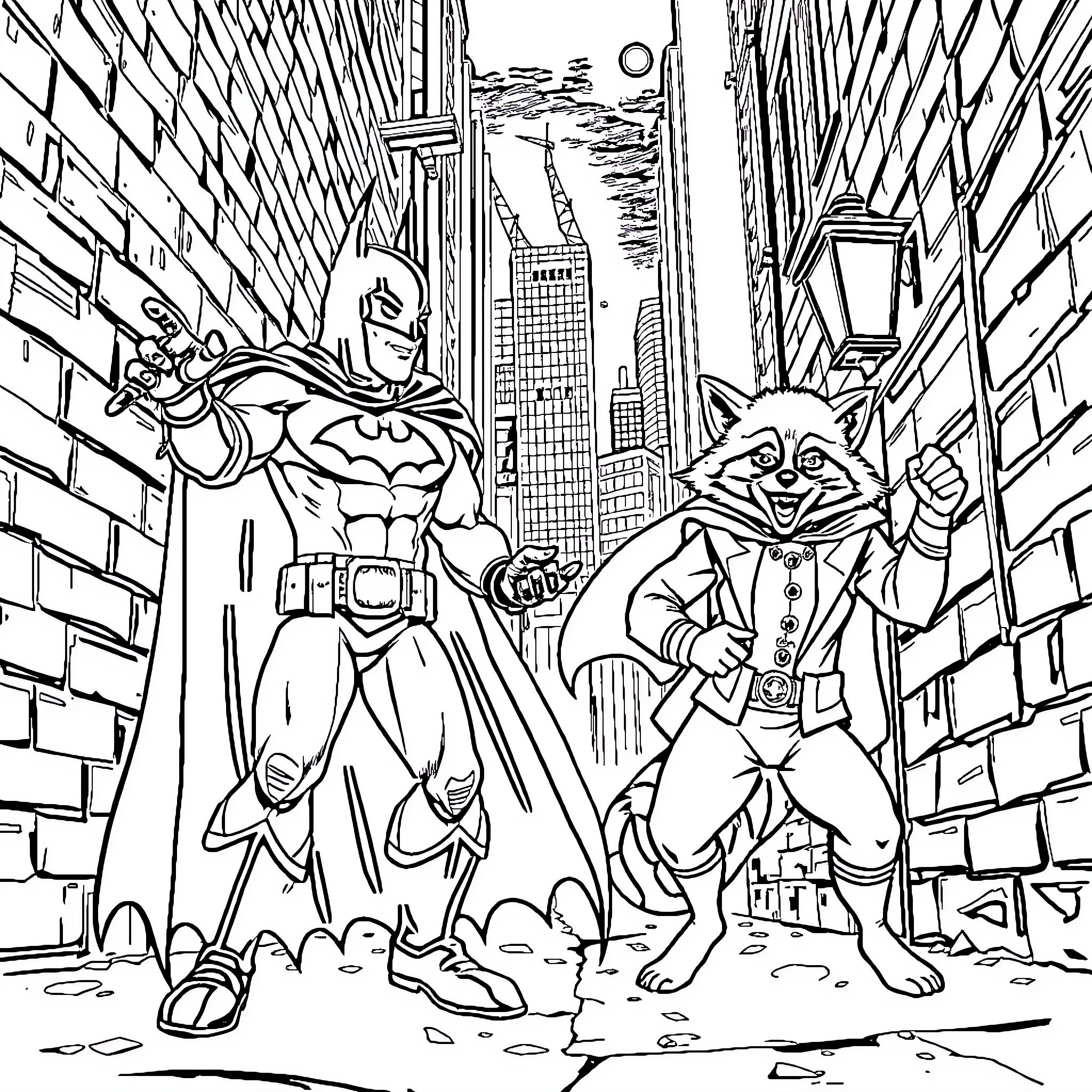 Batman and Sidekick in Superhero City Coloring Page (free black-and-white line drawing printable PDF for all, from beginners to advanced learners, including children, teens, adults, and seniors)