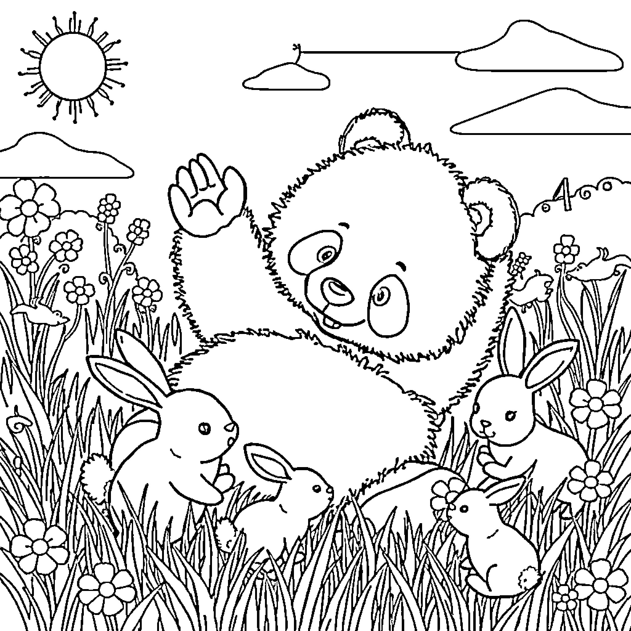 Panda and Rabbits Enjoying Nature Together Coloring Page (free black-and-white line drawing printable PDF for all, from beginners to advanced learners, including children, teens, adults, and seniors)