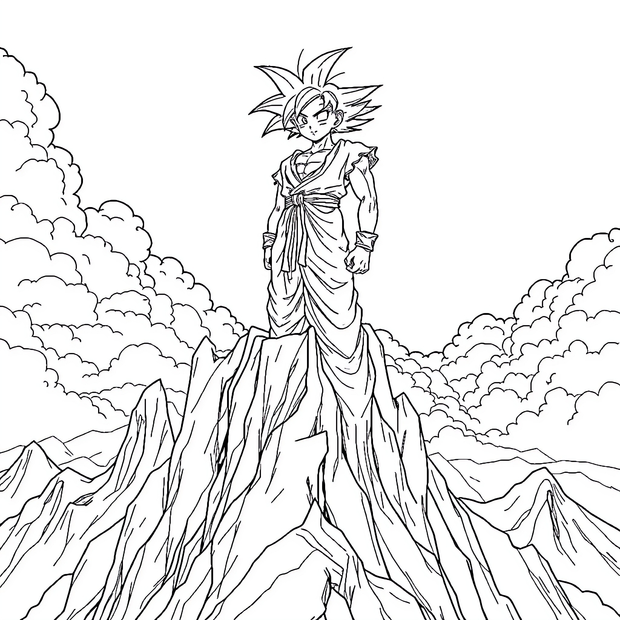 Son Goku standing heroically on a mountain peak Coloring Page (free black-and-white line drawing printable PDF for all, from beginners to advanced learners, including children, teens, adults, and seniors)