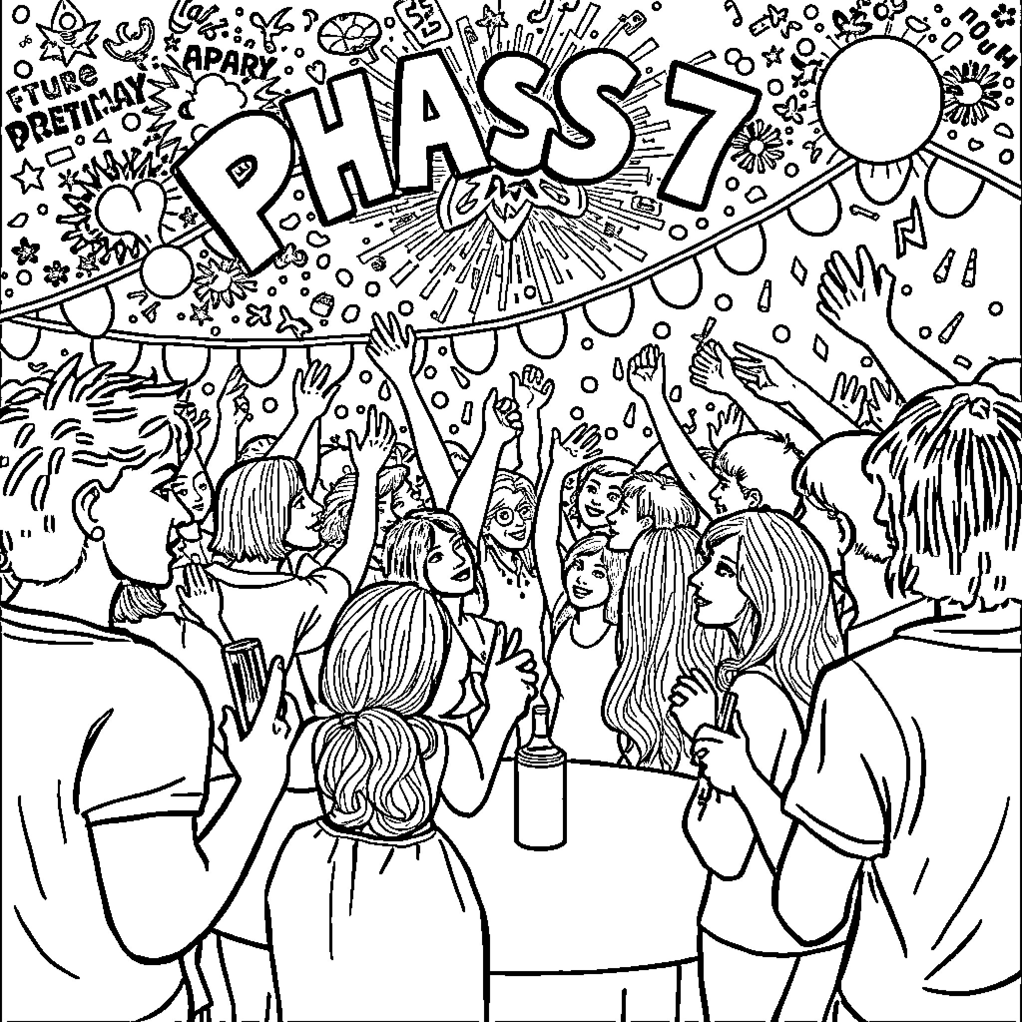 Sprunki Party Fun with Friends Coloring Page (free black-and-white line drawing printable PDF for all, from beginners to advanced learners, including children, teens, adults, and seniors)