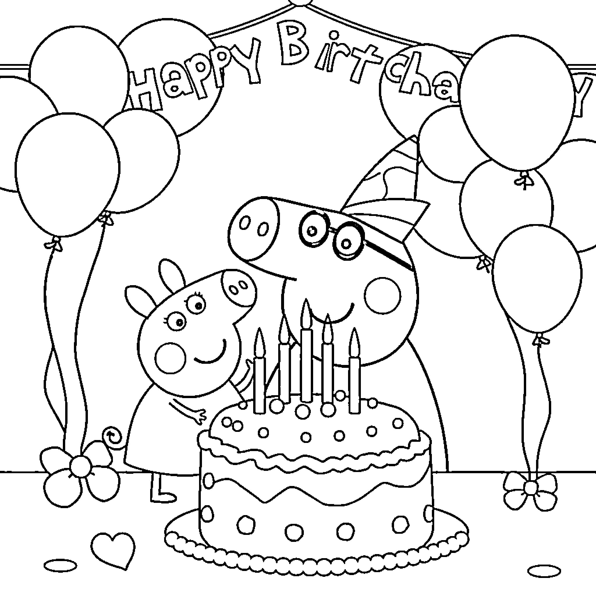 Peppa Pig celebrates birthday with friends and cake Coloring Page (free black-and-white line drawing printable PDF for all, from beginners to advanced learners, including children, teens, adults, and seniors)