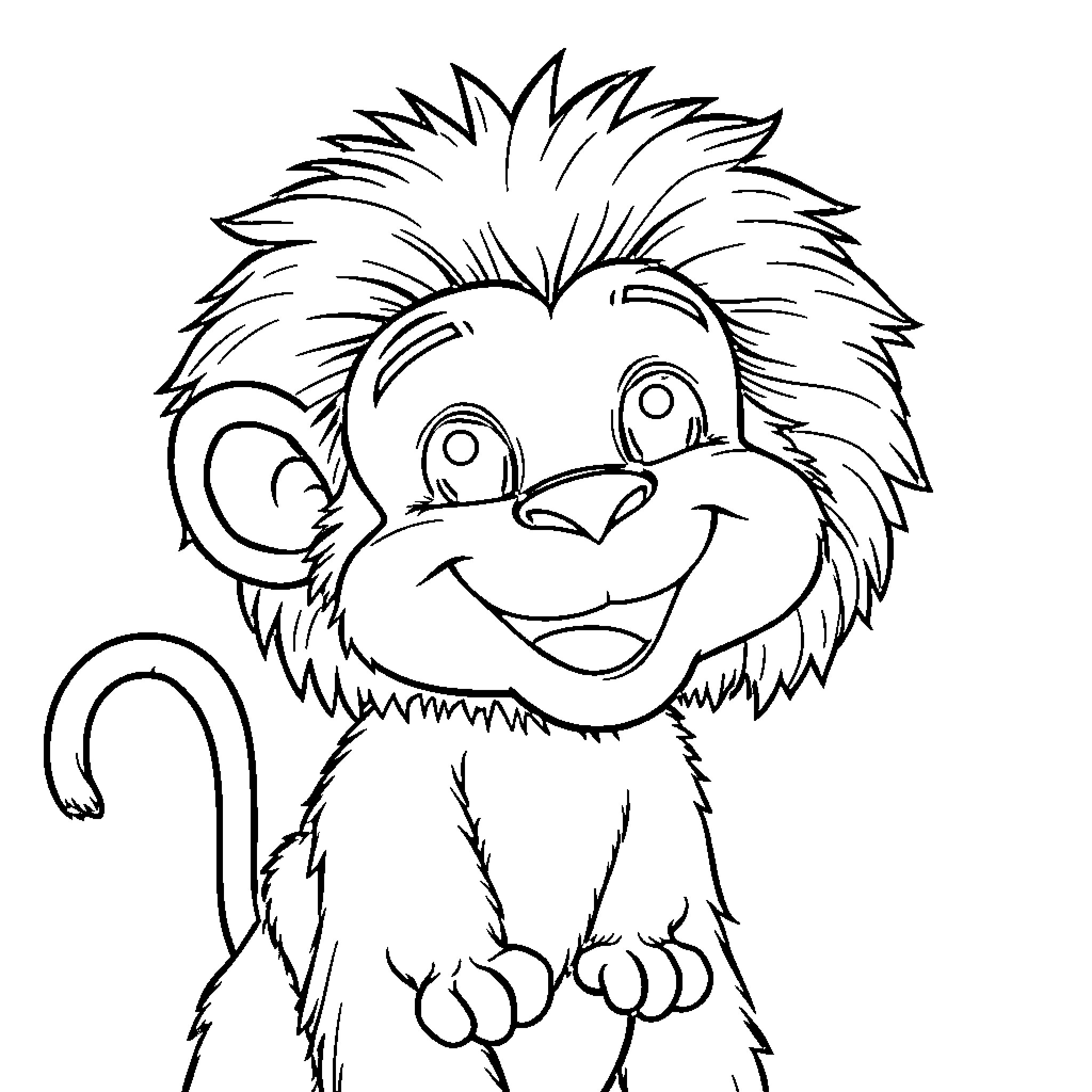 Monkey smiling happily in outline Coloring Page (free black-and-white line drawing printable PDF for all, from beginners to advanced learners, including children, teens, adults, and seniors)