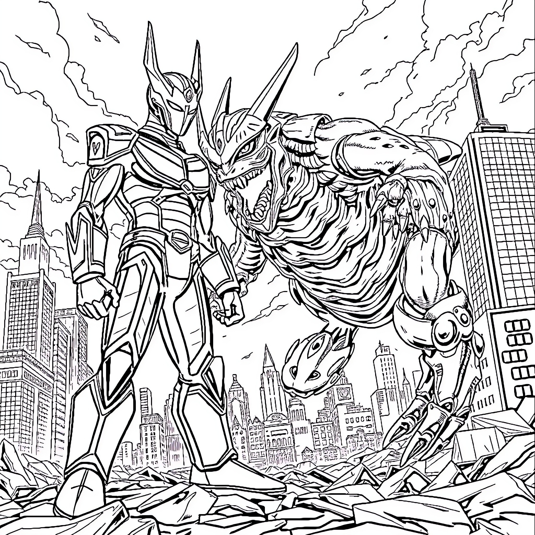 Ultraman battles a towering monstrous foe in the city Coloring Page (free black-and-white line drawing printable PDF for all, from beginners to advanced learners, including children, teens, adults, and seniors)