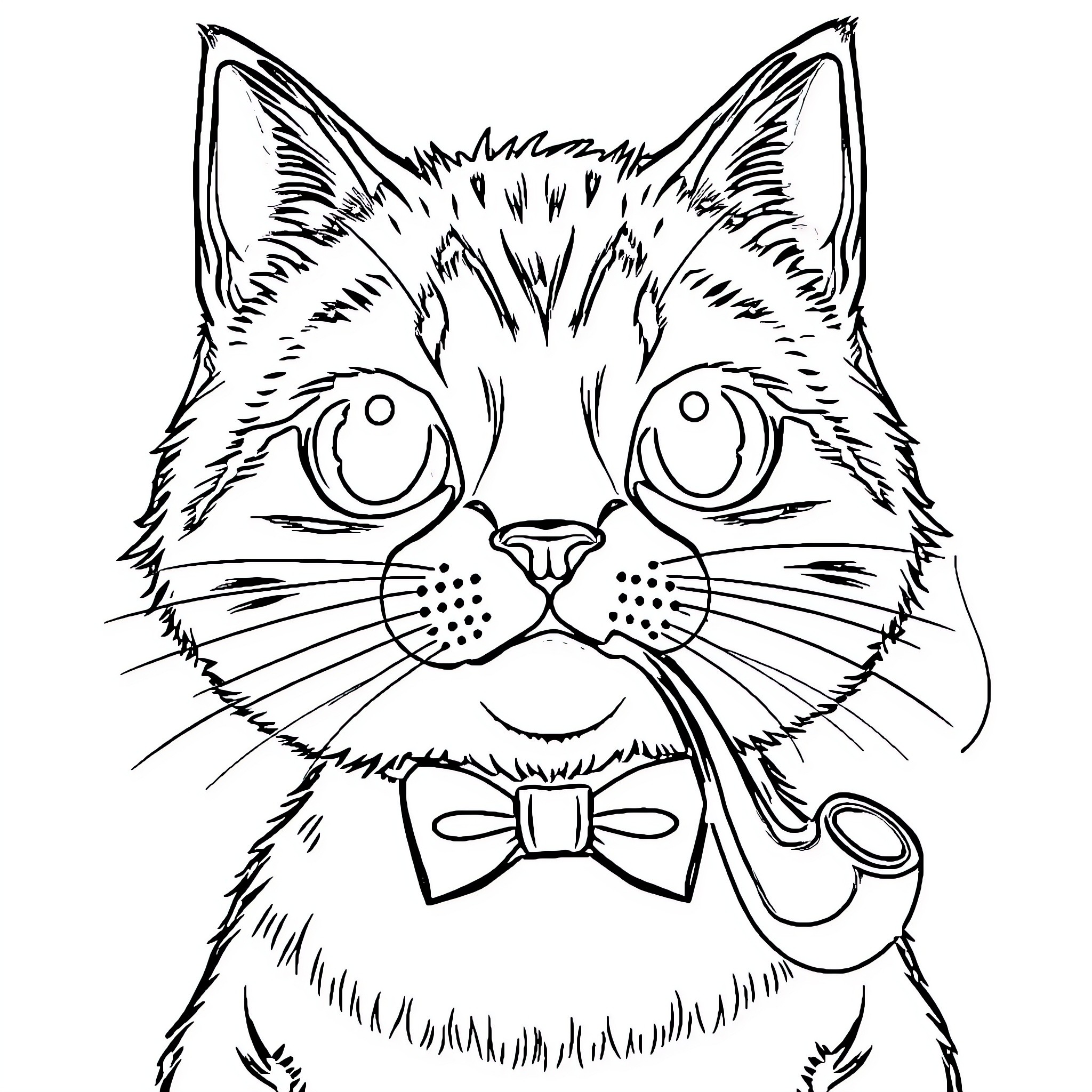 Cat with Bow Tie and Curious Expression Coloring Page (free black-and-white line drawing printable PDF for all, from beginners to advanced learners, including children, teens, adults, and seniors)