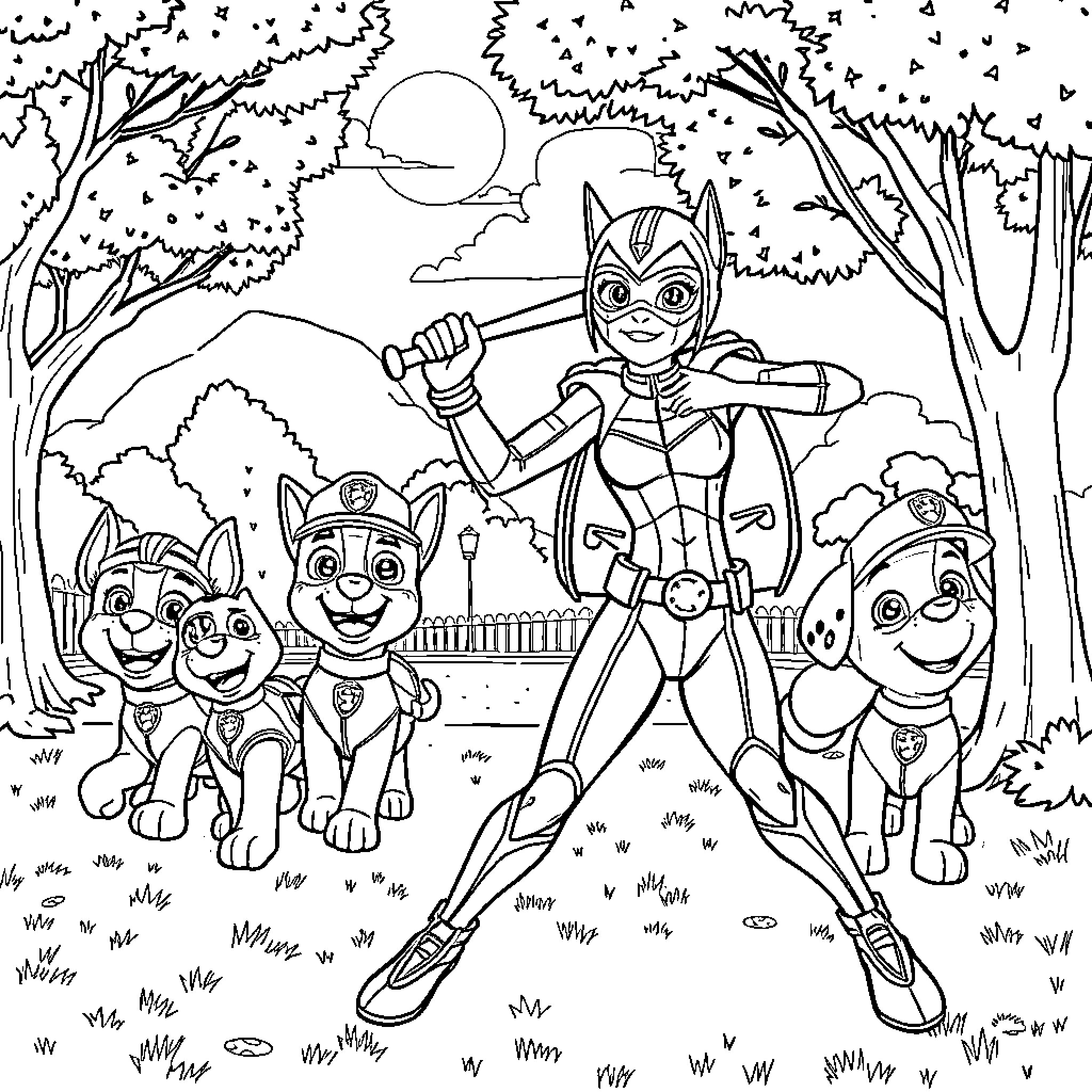 Catwoman leading Paw Patrol on a nighttime adventure Coloring Page (free black-and-white line drawing printable PDF for all, from beginners to advanced learners, including children, teens, adults, and seniors)