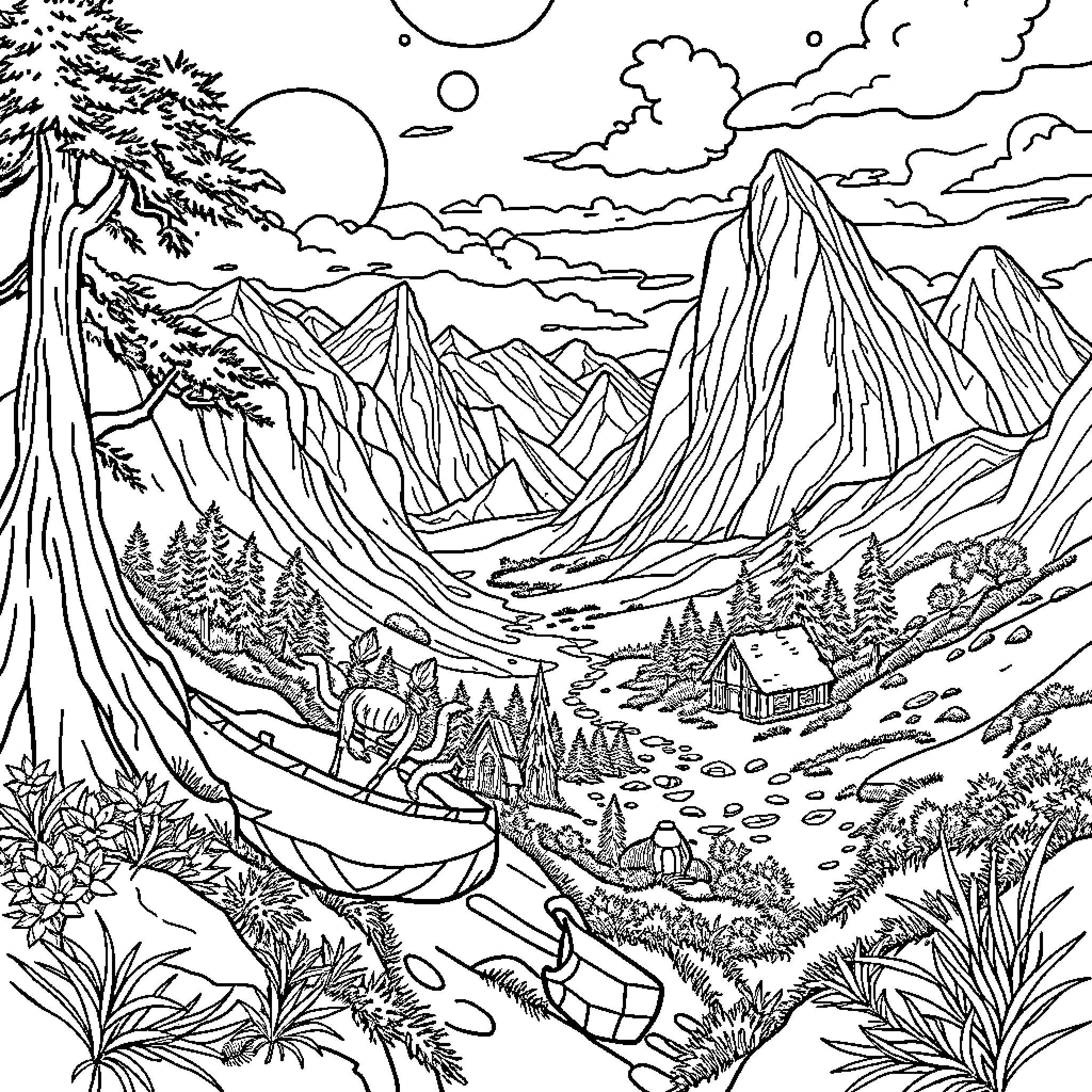 Huntrix's Enchanting Mountain Expedition Coloring Page (free black-and-white line drawing printable PDF for all, from beginners to advanced learners, including children, teens, adults, and seniors)