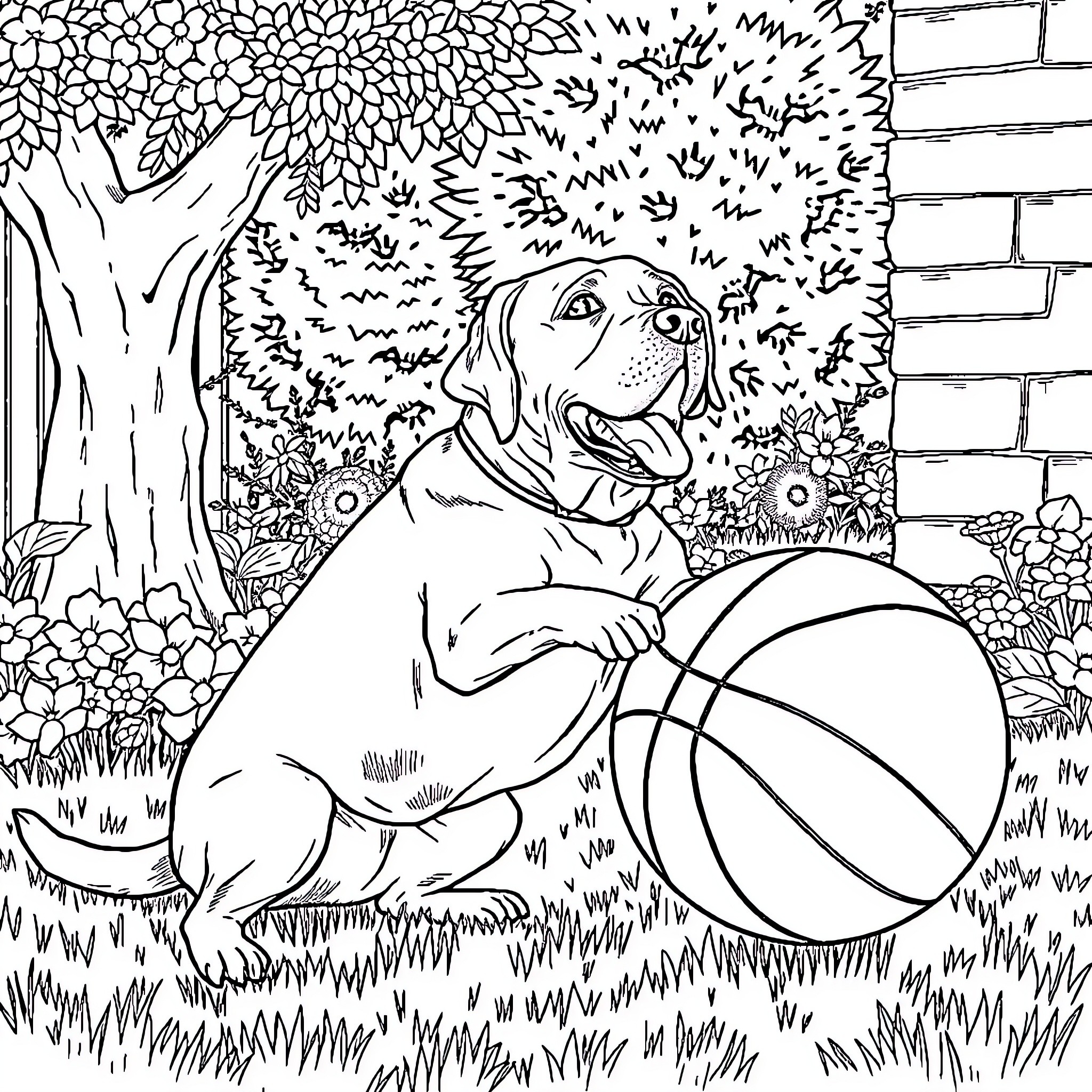 Labrador playing joyfully with basketball in a garden Coloring Page (free black-and-white line drawing printable PDF for all, from beginners to advanced learners, including children, teens, adults, and seniors)