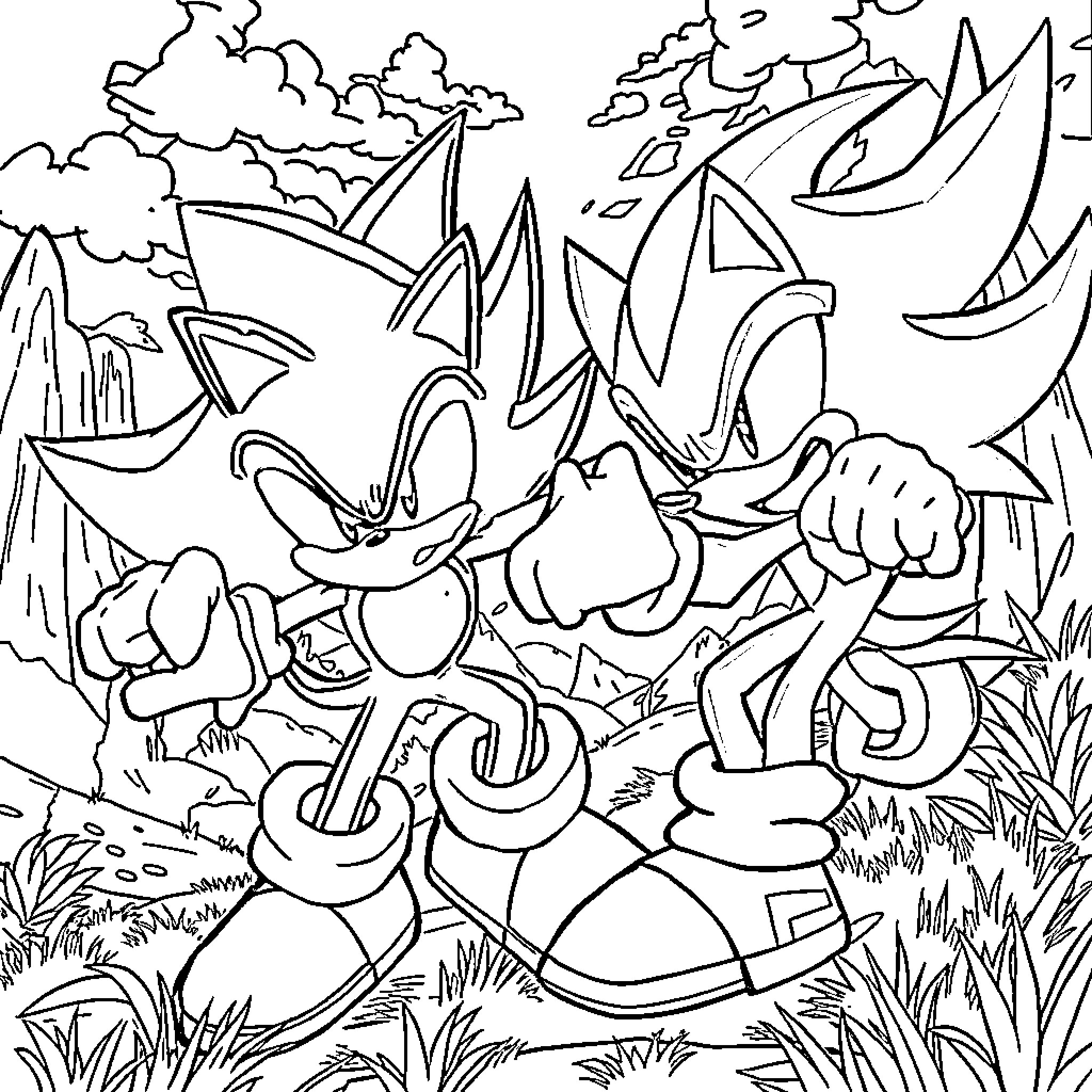 Sonic characters in an adventurous outdoor scene Coloring Page (free black-and-white line drawing printable PDF for all, from beginners to advanced learners, including children, teens, adults, and seniors)