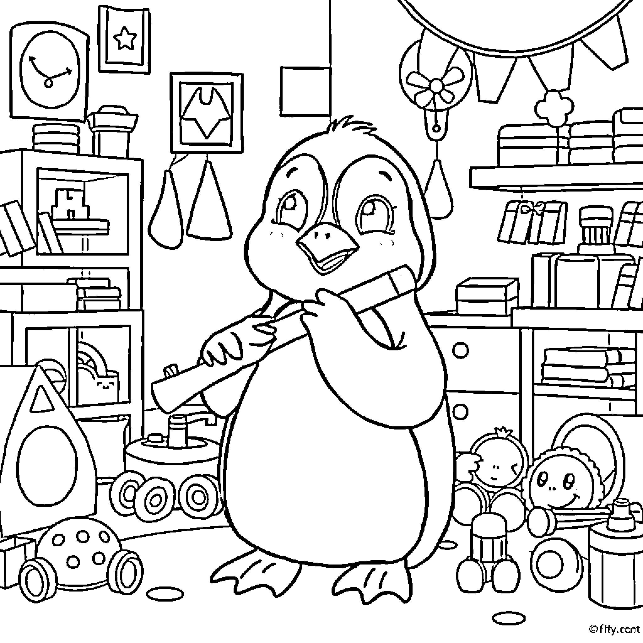 Penguin Playing Happily in a Cozy Room Coloring Page (free black-and-white line drawing printable PDF for all, from beginners to advanced learners, including children, teens, adults, and seniors)