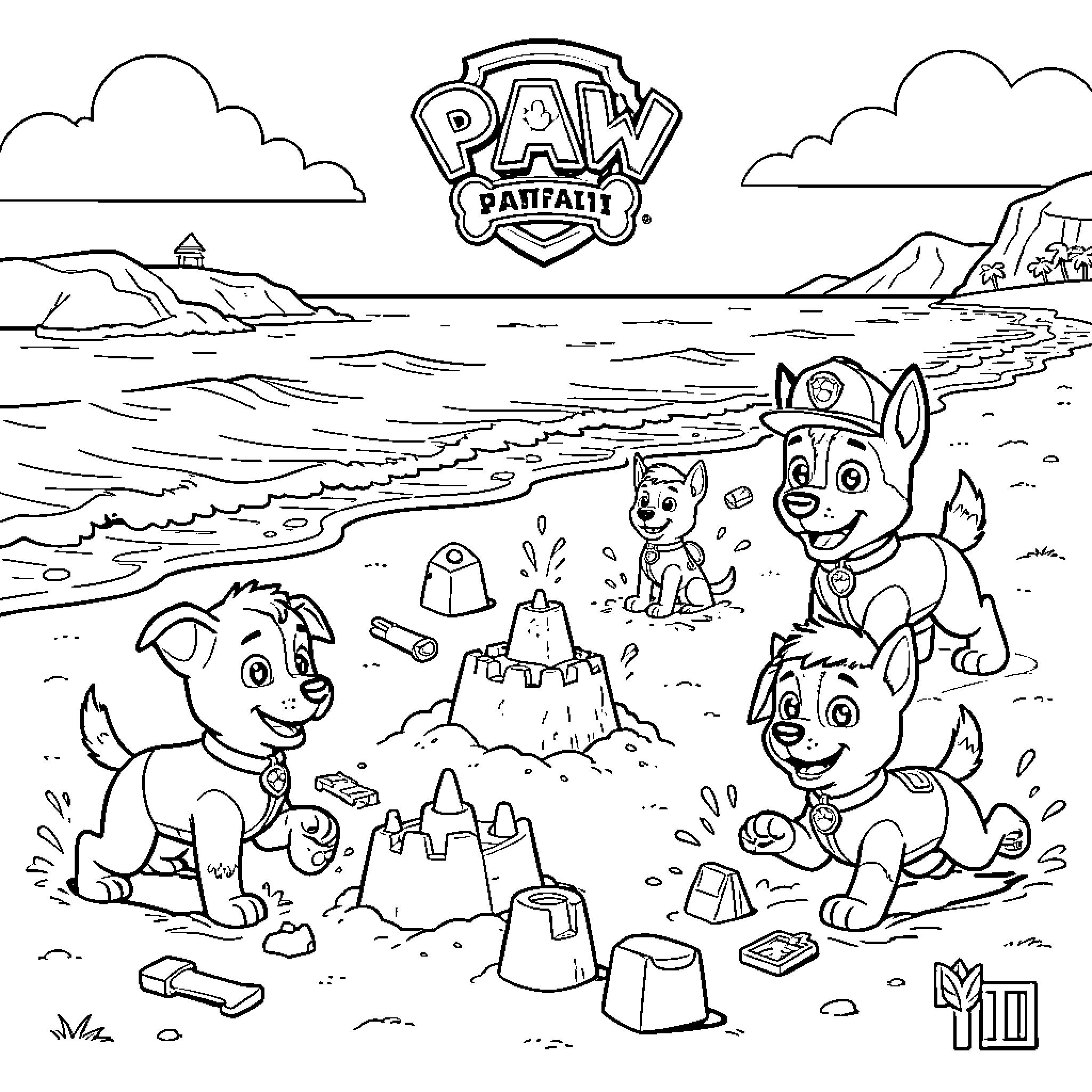 Paw Patrol pups playing with sandcastles on the beach Coloring Page (free black-and-white line drawing printable PDF for all, from beginners to advanced learners, including children, teens, adults, and seniors)