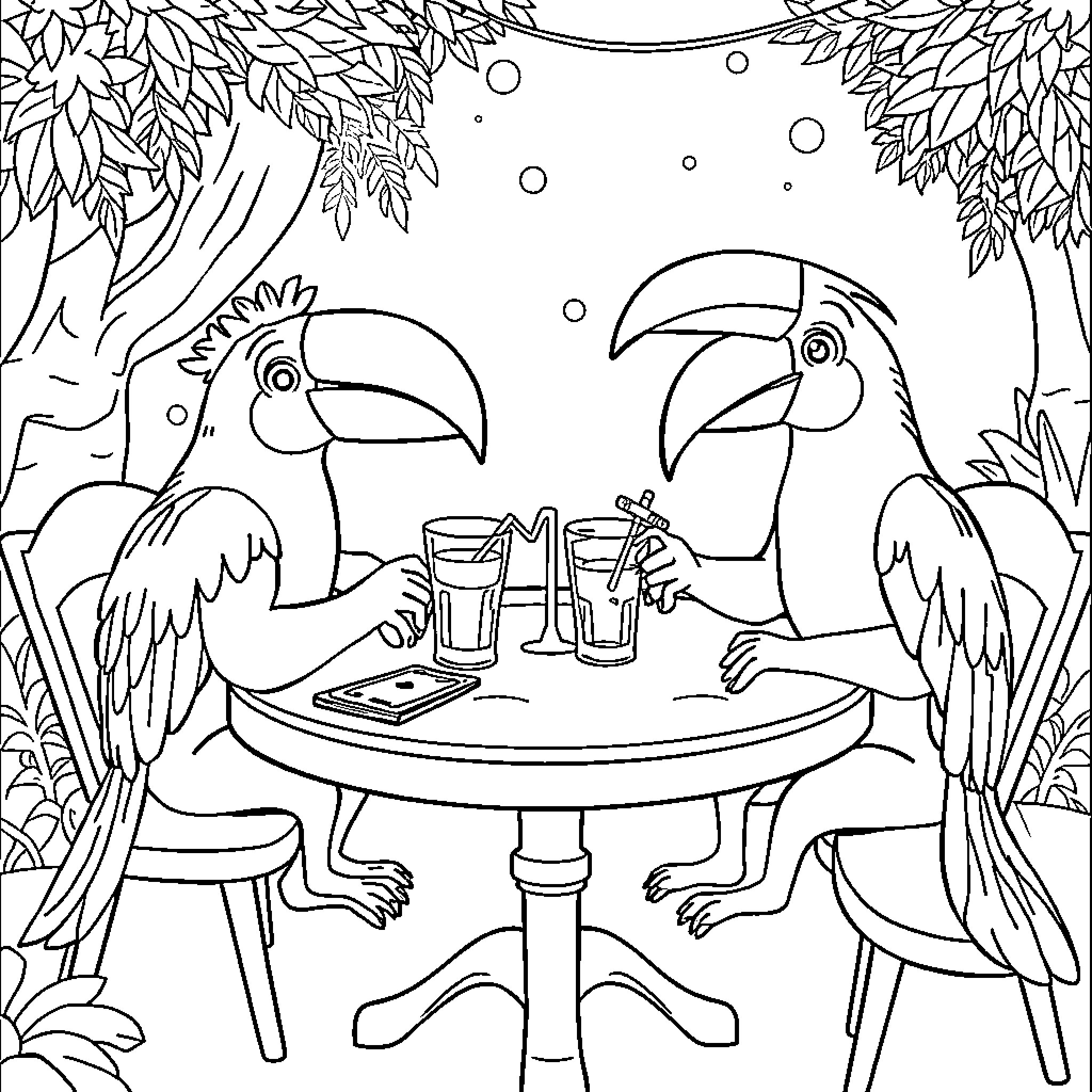Capybara toucans enjoying drinks together in the jungle Coloring Page (free black-and-white line drawing printable PDF for all, from beginners to advanced learners, including children, teens, adults, and seniors)