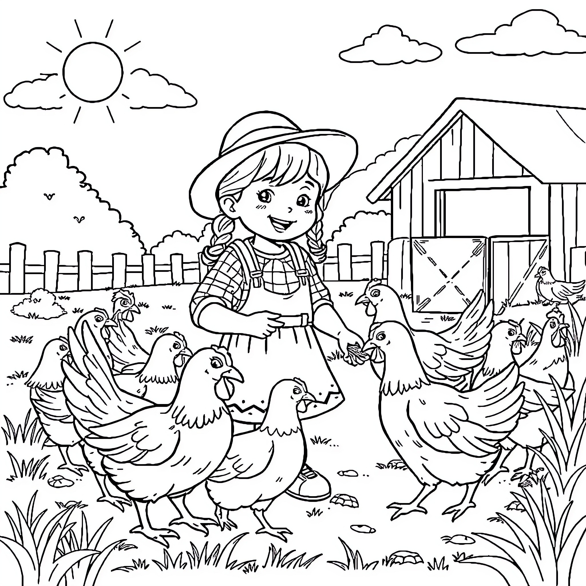 Farmer Girl Feeding Chickens on a Farm Coloring Page (free black-and-white line drawing printable PDF for all, from beginners to advanced learners, including children, teens, adults, and seniors)