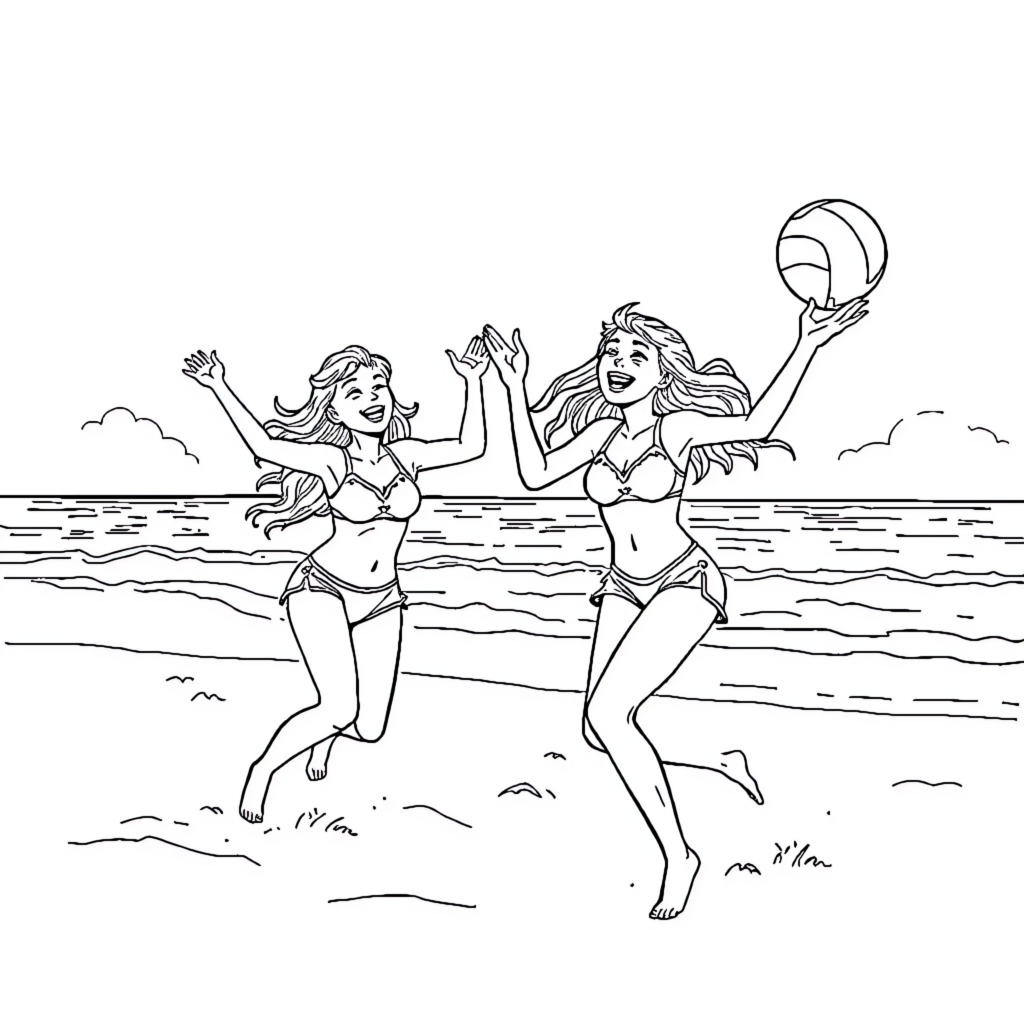 Girls playing joyfully on the beach Coloring Page (free black-and-white line drawing printable PDF for all, from beginners to advanced learners, including children, teens, adults, and seniors)