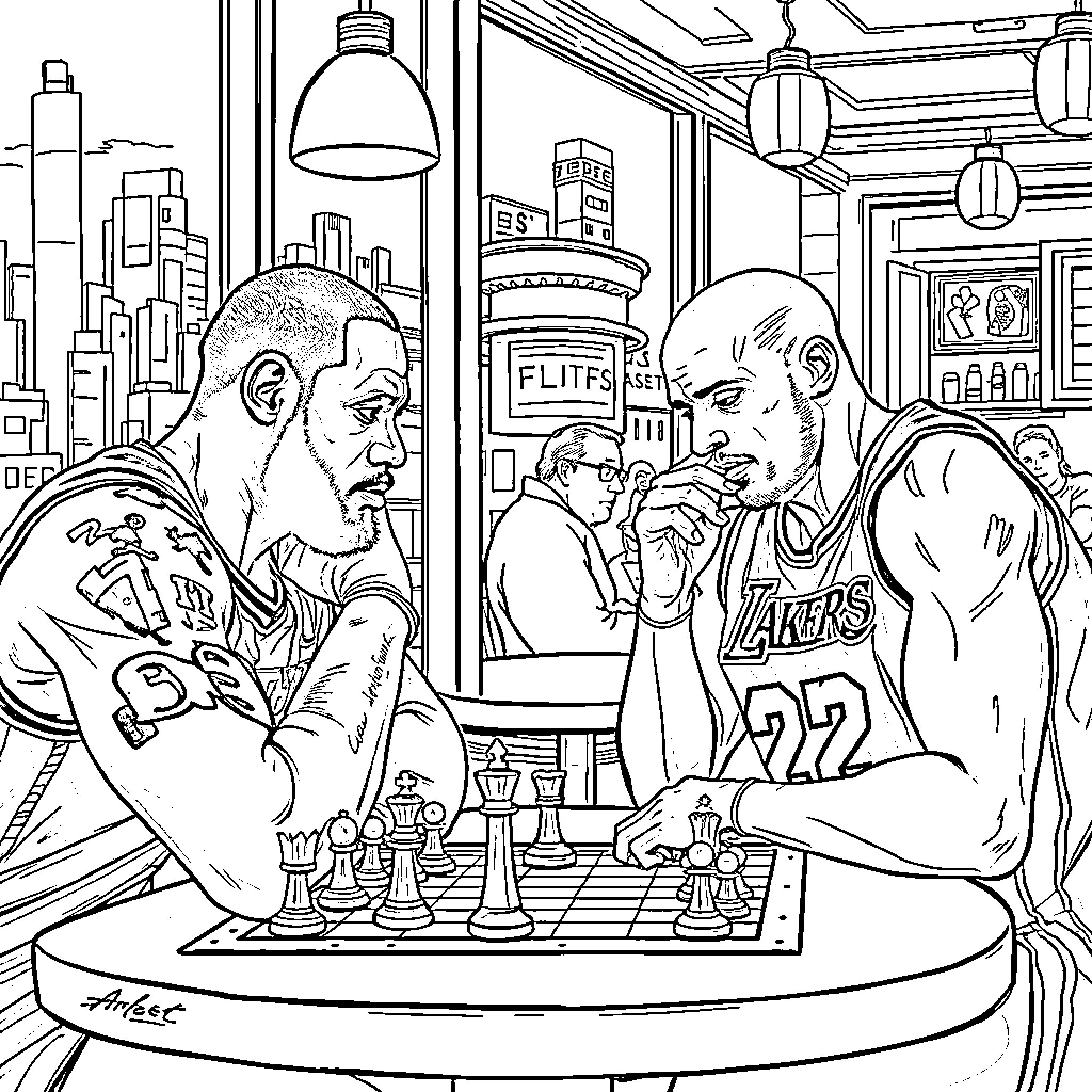LeBron James Playing Chess with Opponent Coloring Page (free black-and-white line drawing printable PDF for all, from beginners to advanced learners, including children, teens, adults, and seniors)