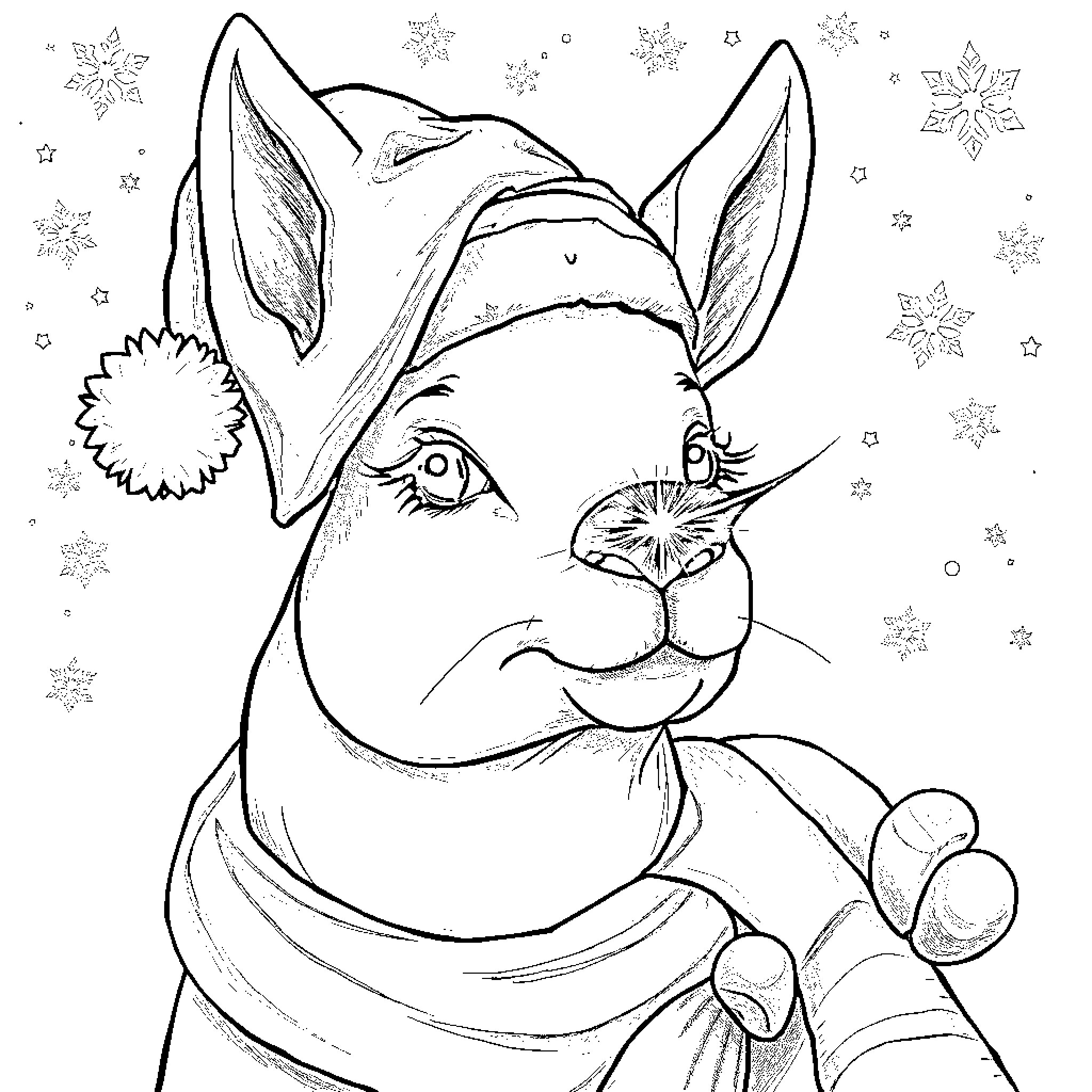 Reindeer with festive hat and snowflakes Coloring Page (free black-and-white line drawing printable PDF for all, from beginners to advanced learners, including children, teens, adults, and seniors)
