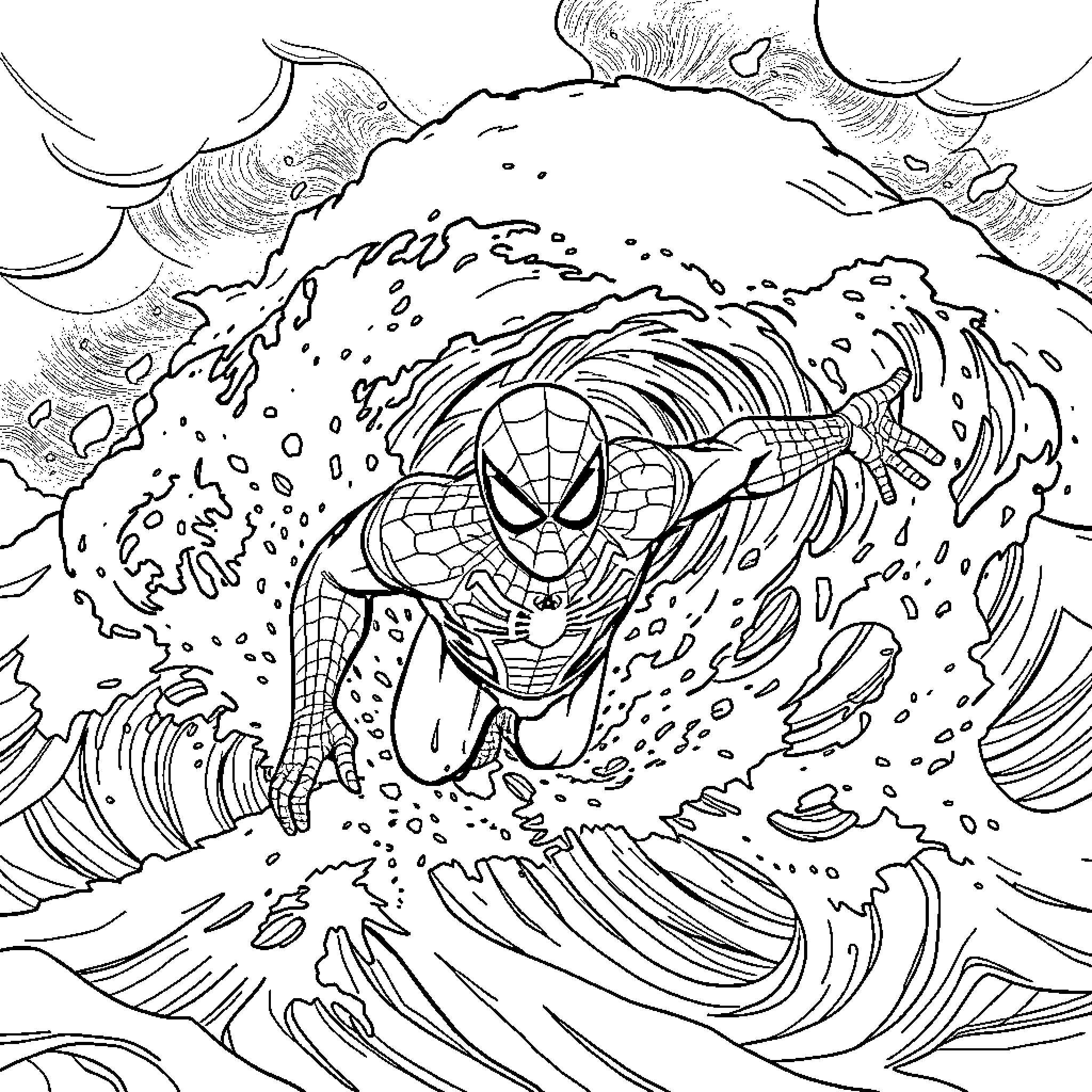 Spider-Man swinging through the stormy waves Coloring Page (free black-and-white line drawing printable PDF for all, from beginners to advanced learners, including children, teens, adults, and seniors)