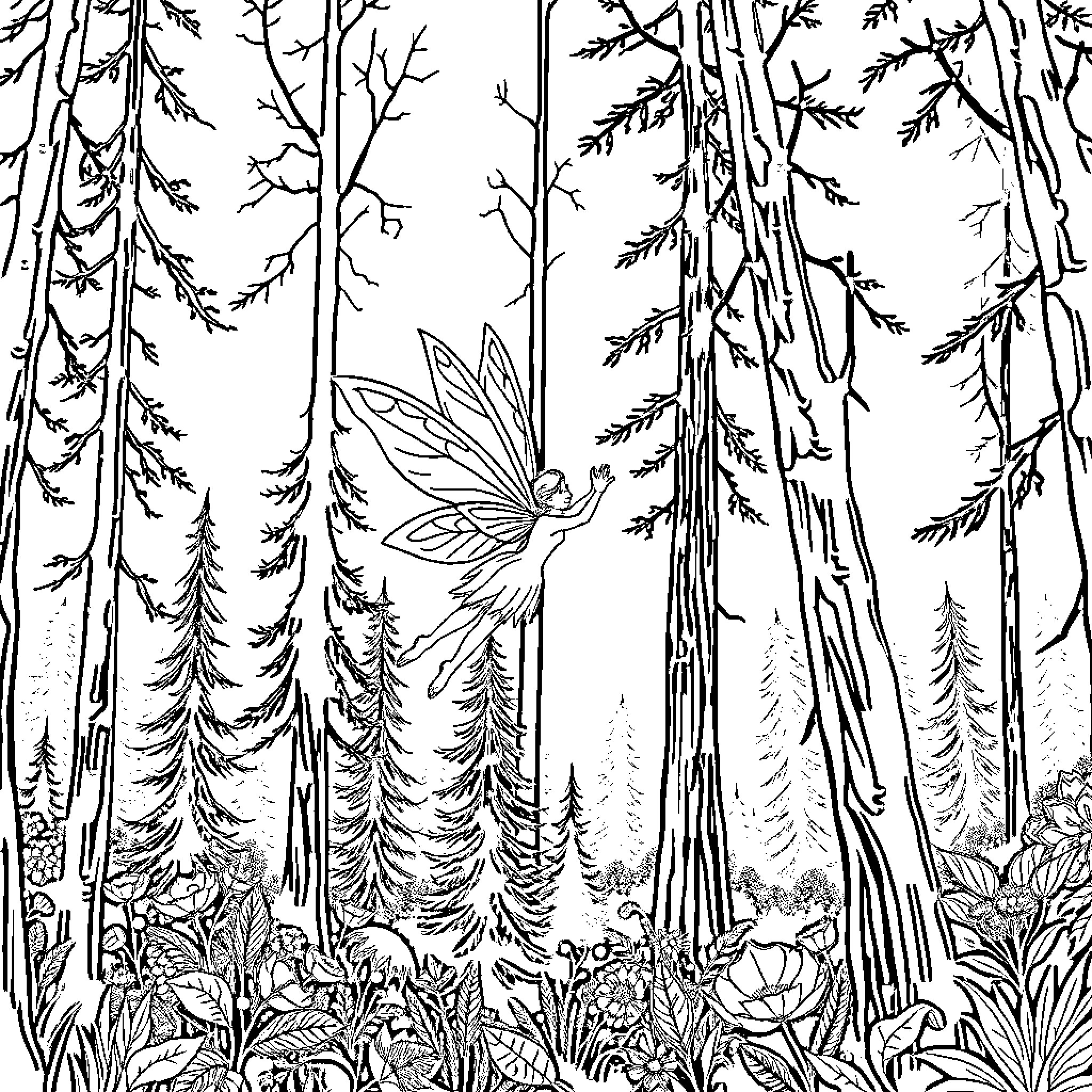 Fairy flying gracefully through enchanted forest Coloring Page (free black-and-white line drawing printable PDF for all, from beginners to advanced learners, including children, teens, adults, and seniors)