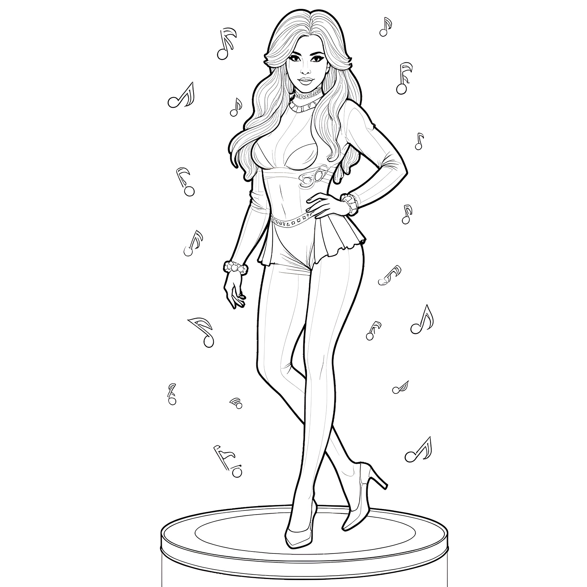 Lady Gaga Performing on Stage with Musical Notes Coloring Page (free black-and-white line drawing printable PDF for all, from beginners to advanced learners, including children, teens, adults, and seniors)