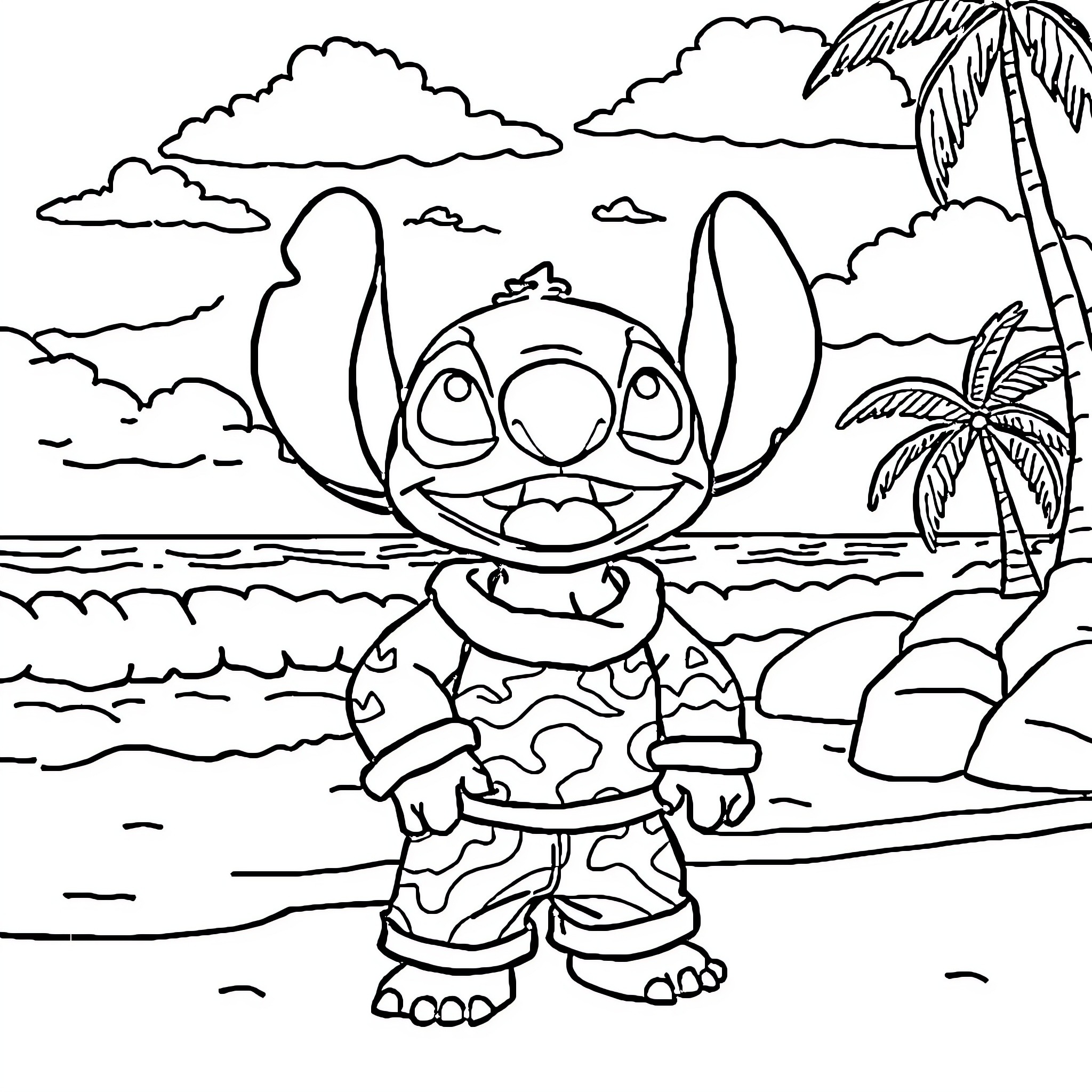 Stitch exploring the tropical beach scene Coloring Page (free black-and-white line drawing printable PDF for all, from beginners to advanced learners, including children, teens, adults, and seniors)