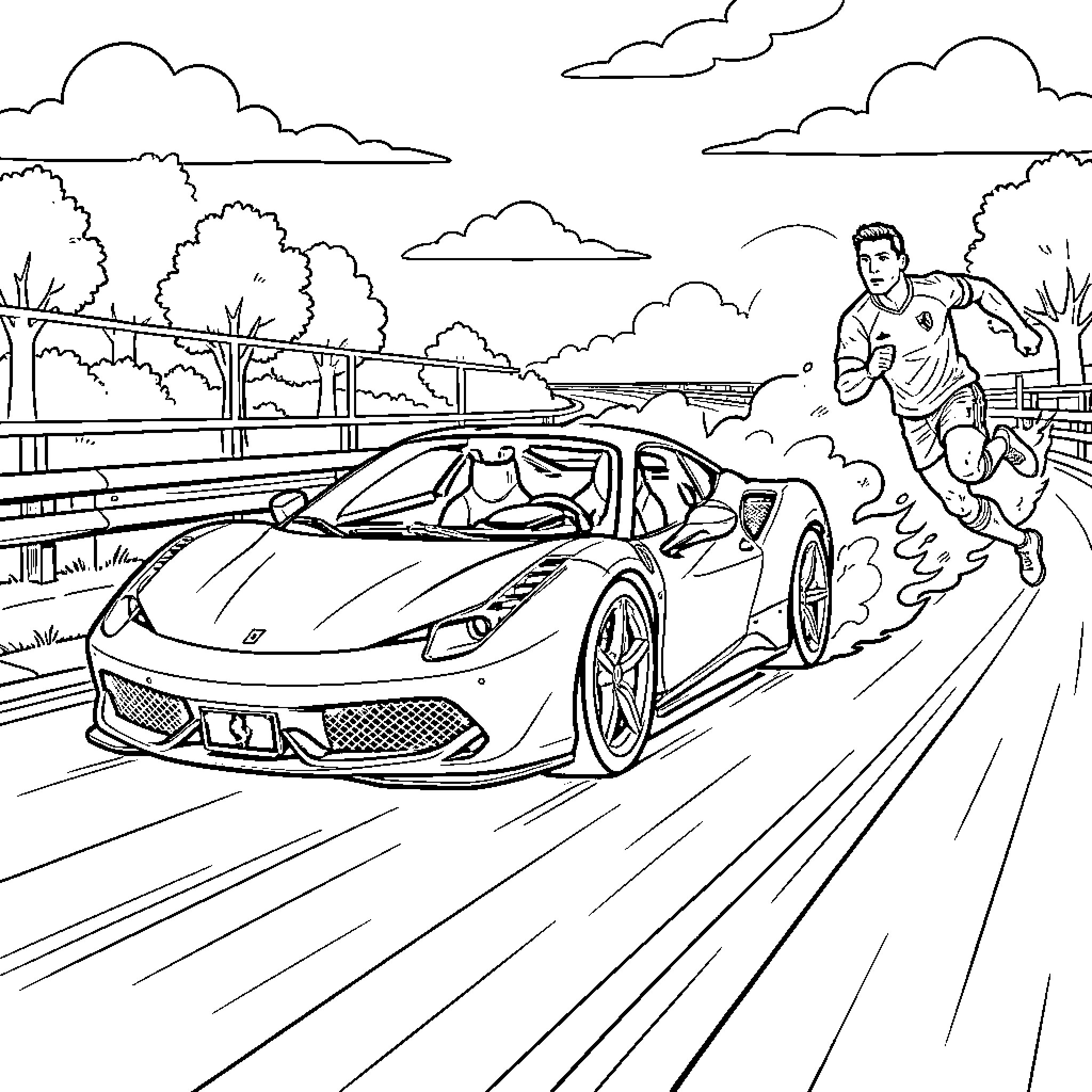 Ferrari speeding past a running man on a road Coloring Page (free black-and-white line drawing printable PDF for all, from beginners to advanced learners, including children, teens, adults, and seniors)