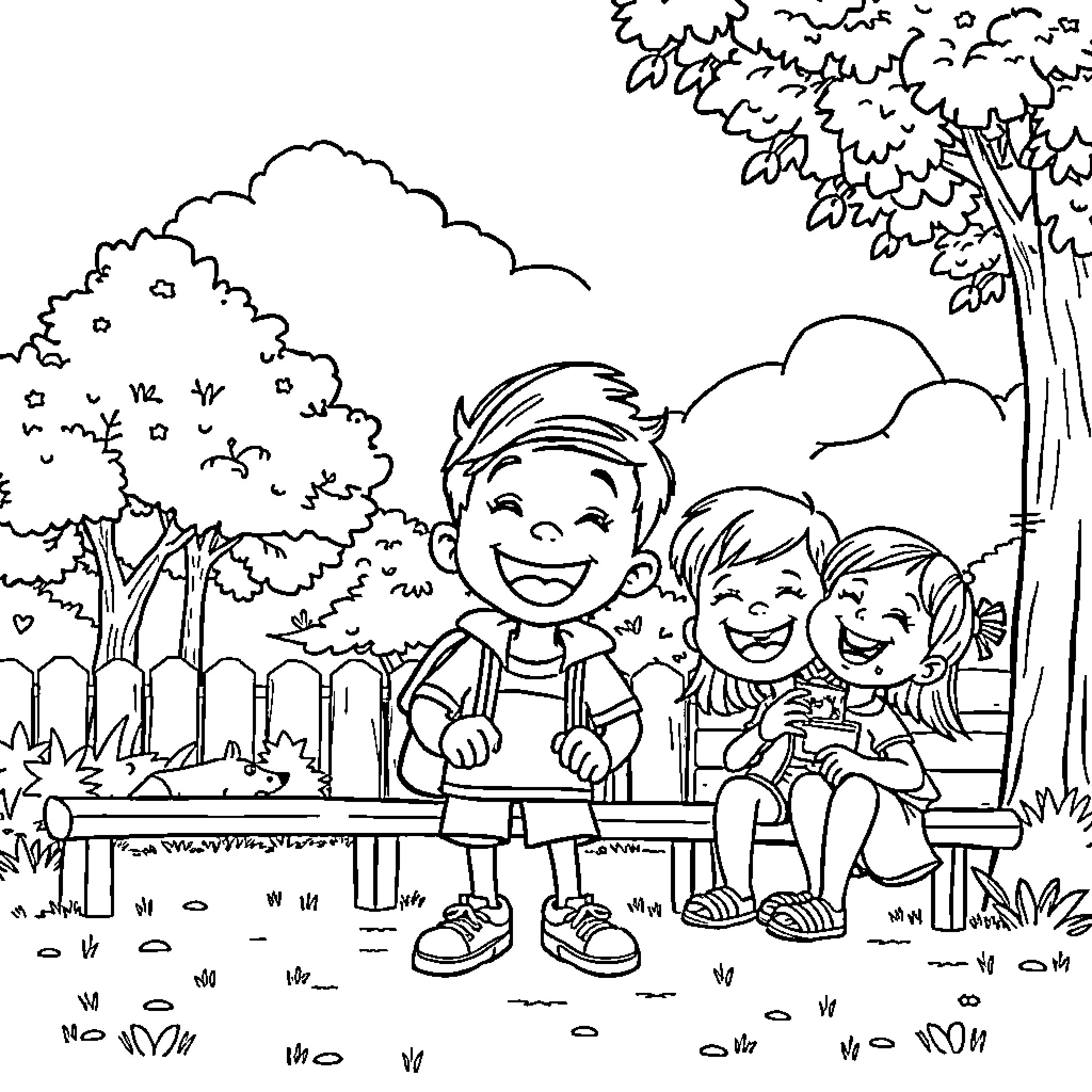 Keinner's Joyful Outdoor Adventure with Friends Coloring Page (free black-and-white line drawing printable PDF for all, from beginners to advanced learners, including children, teens, adults, and seniors)