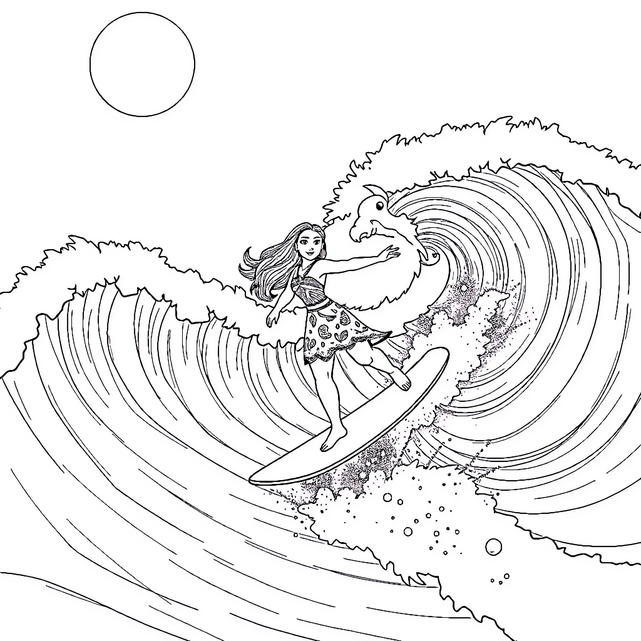 Moana surfing the mighty ocean waves Coloring Page (free black-and-white line drawing printable PDF for all, from beginners to advanced learners, including children, teens, adults, and seniors)