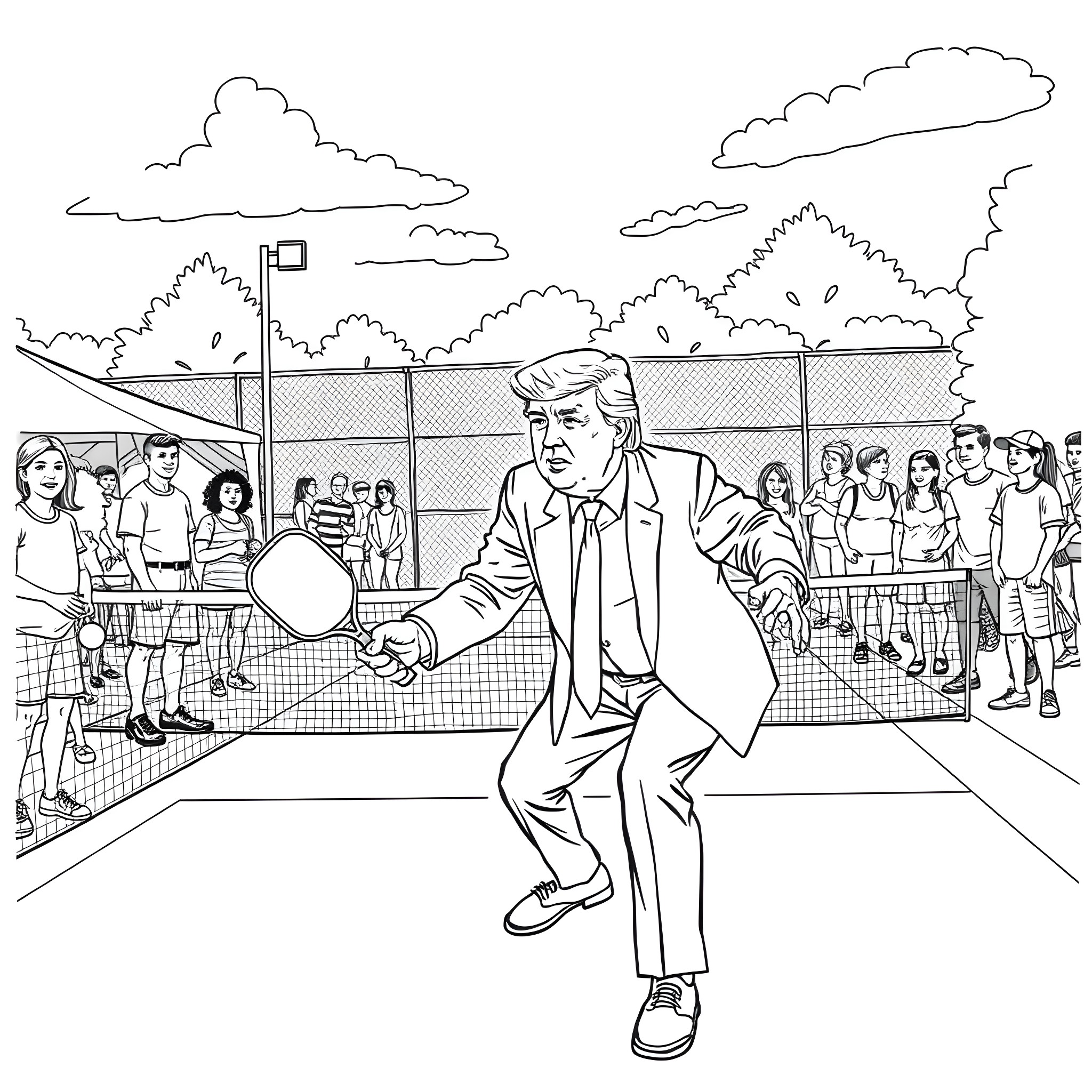 Donald Trump playing ping pong with supporters at a rally Coloring Page (free black-and-white line drawing printable PDF for all, from beginners to advanced learners, including children, teens, adults, and seniors)