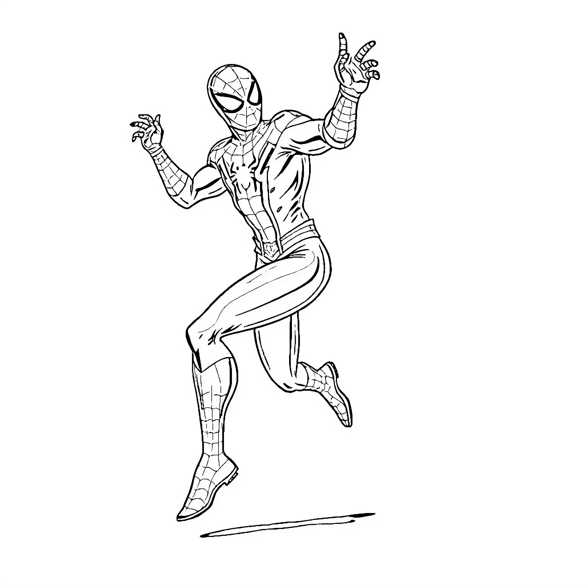Spiderman performing acrobatic jump Coloring Page (free black-and-white line drawing printable PDF for all, from beginners to advanced learners, including children, teens, adults, and seniors)