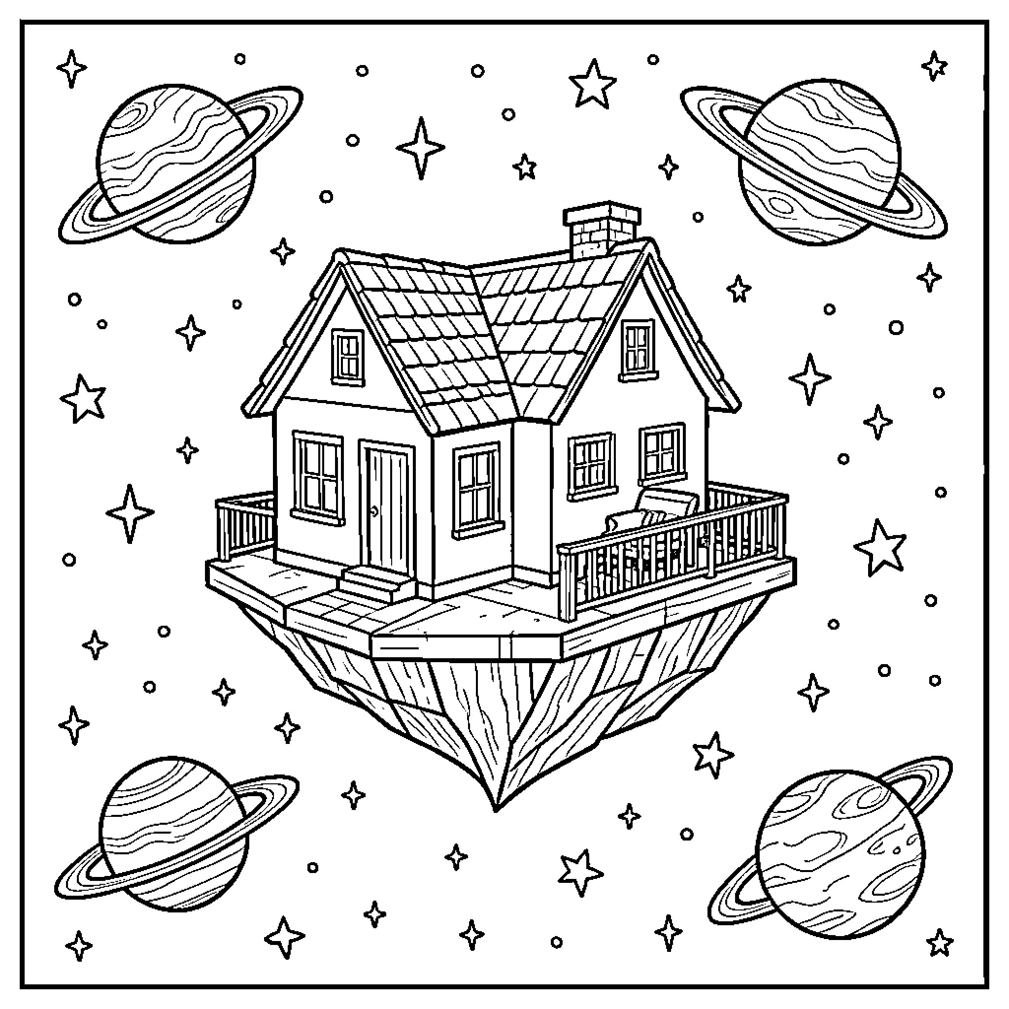 Home floating among stars and planets in outer space Coloring Page (free black-and-white line drawing printable PDF for all, from beginners to advanced learners, including children, teens, adults, and seniors)