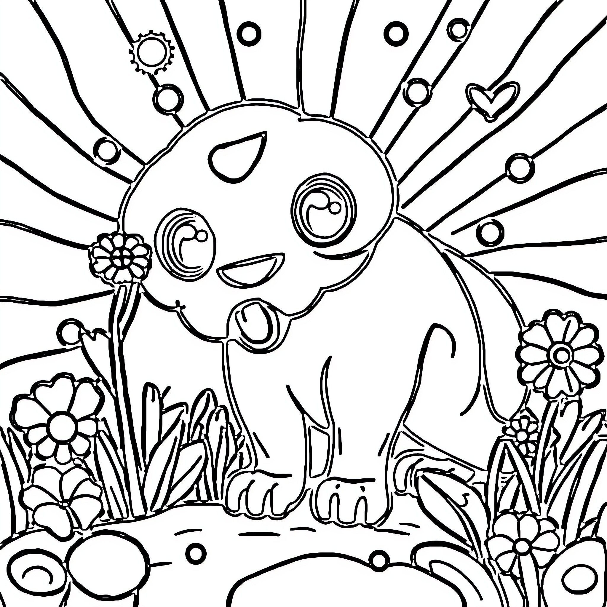Roblox character playing in a vibrant floral landscape Coloring Page (free black-and-white line drawing printable PDF for all, from beginners to advanced learners, including children, teens, adults, and seniors)
