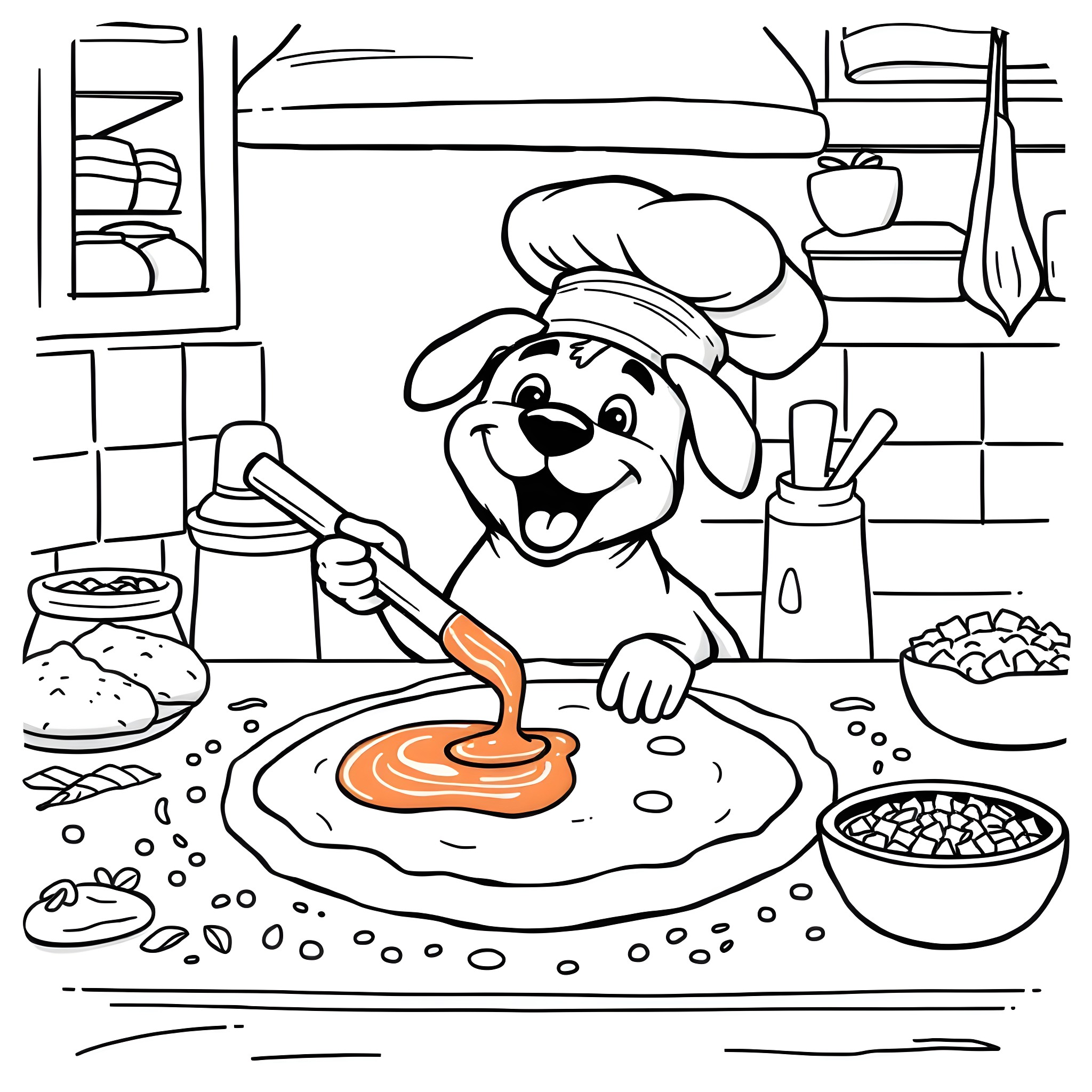 Dog chef cooking in the kitchen Coloring Page (free black-and-white line drawing printable PDF for all, from beginners to advanced learners, including children, teens, adults, and seniors)